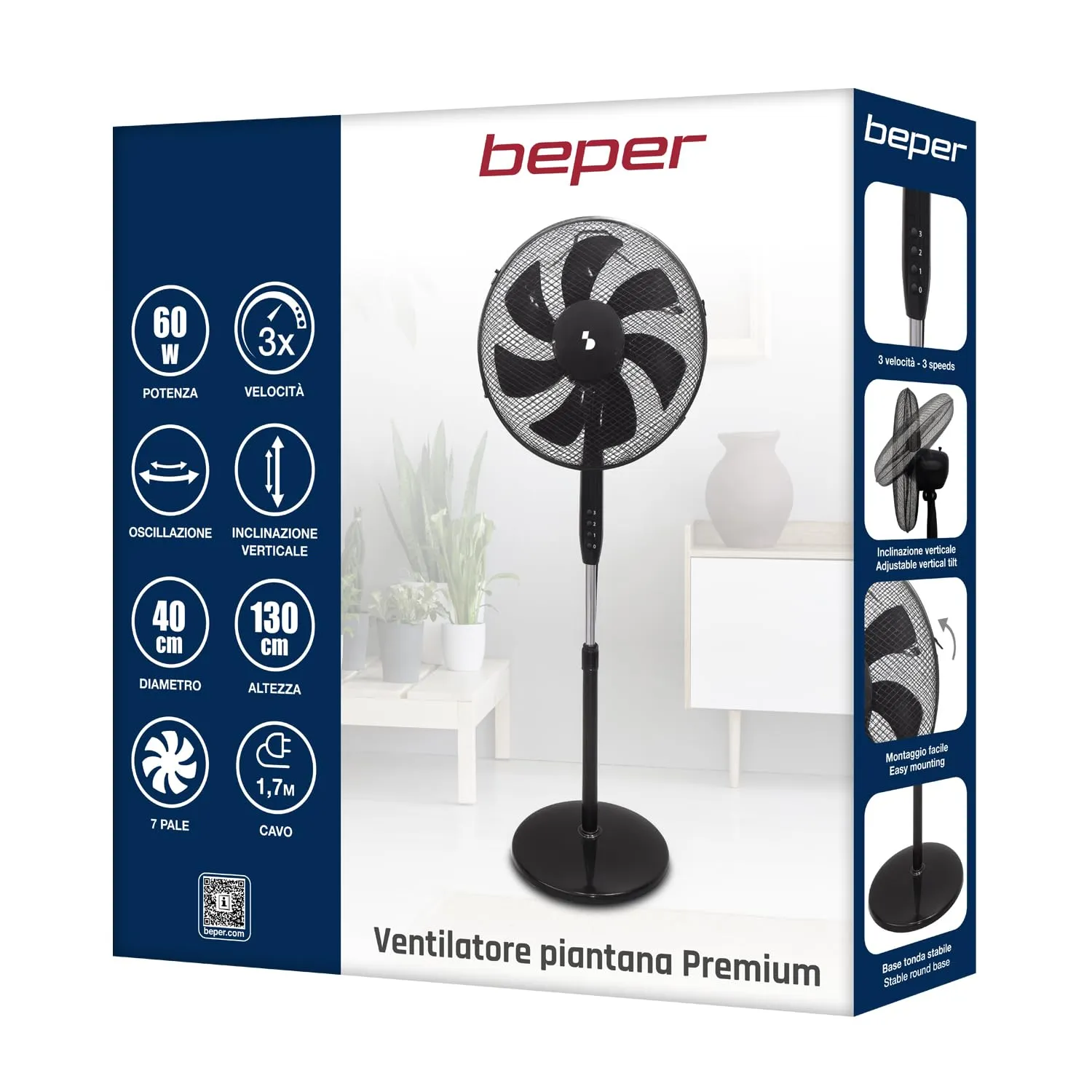 Beper P206VEN120 Ventilatore a Piantana 40 cm Nero