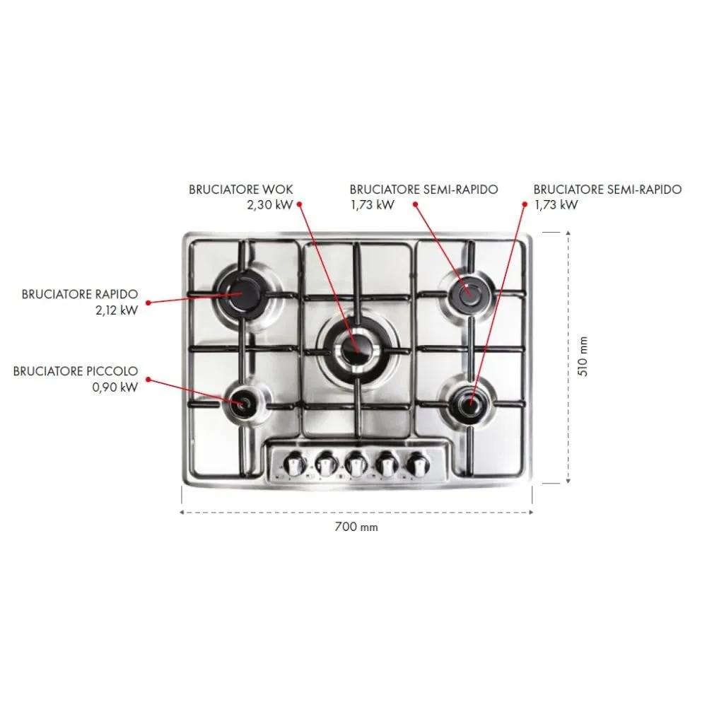 Samet Maciste70 piano cottura gas 5 fuochi inox 70 cm