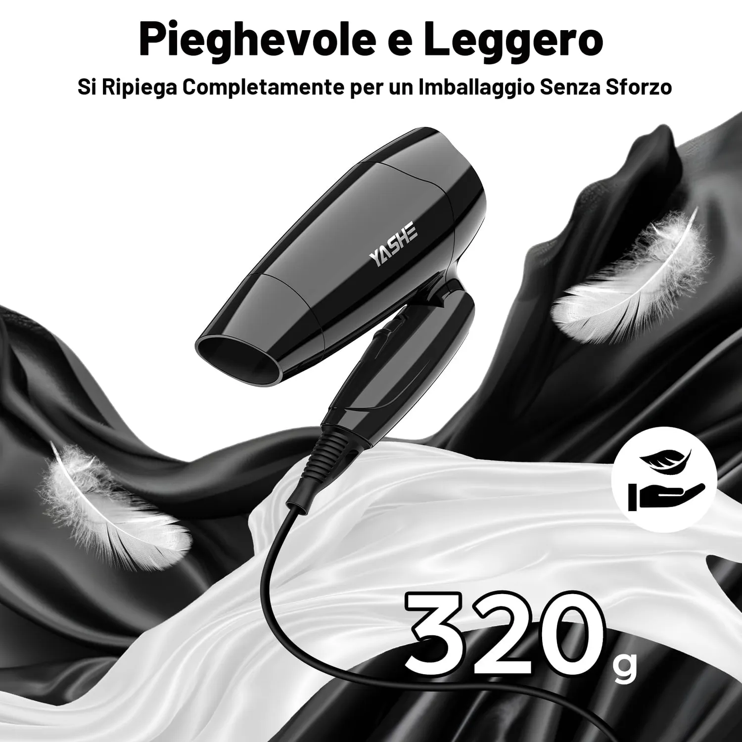Yashe asciugacapelli mini pieghevole nero 1200W