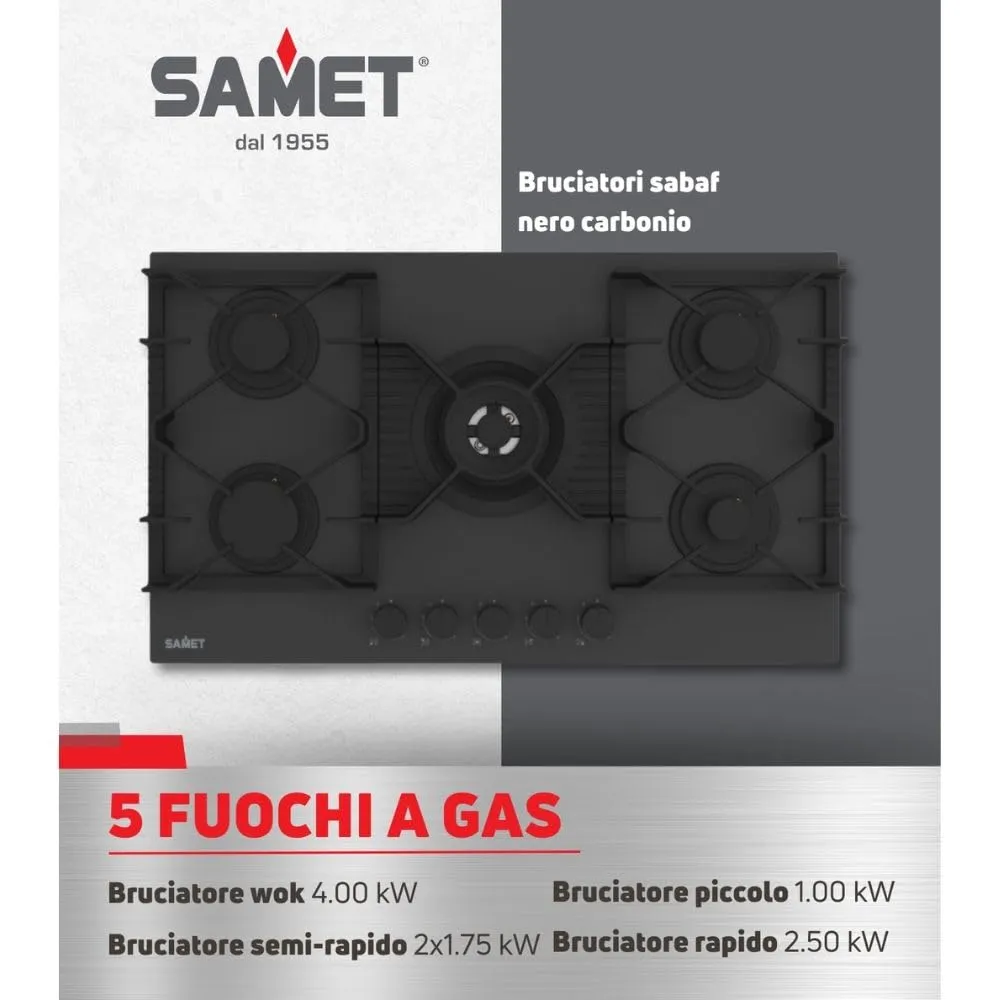 Samet Zacinto90 piano cottura gas 5 fuochi 90 cm vetro nero