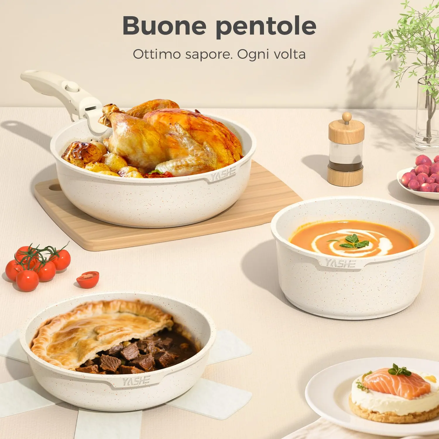Yashe pentole induzione 9 pezzi senza PTFE bianche
