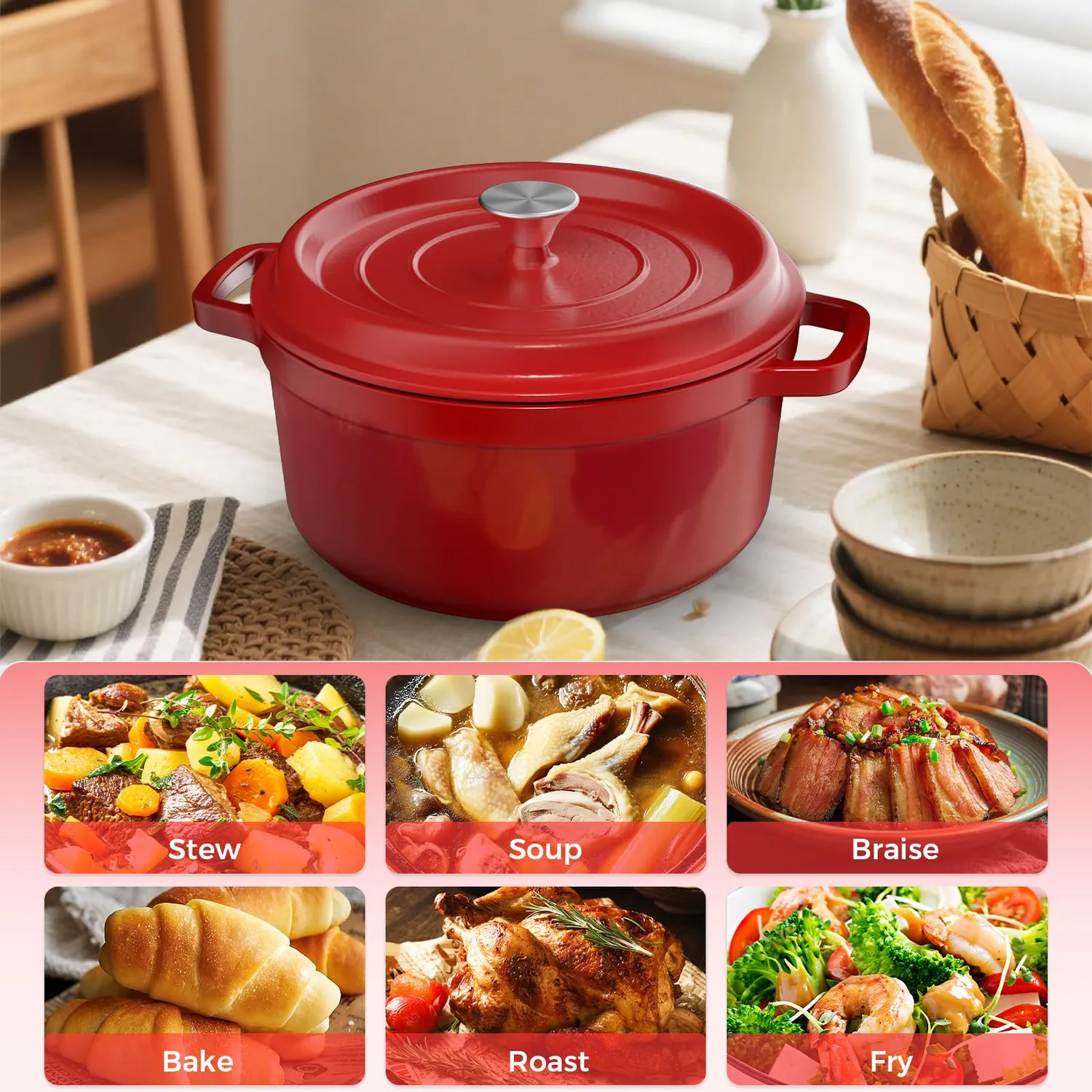 Yashe Pentola Ghisa Smaltata 5 L Rossa con Coperchio