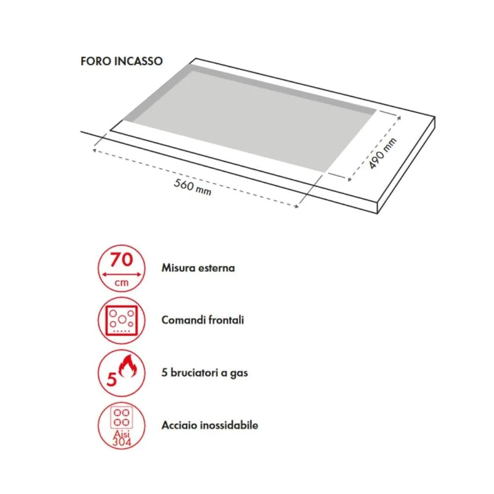 Samet Ercole2 piano cottura gas 5 fuochi 70 cm inox