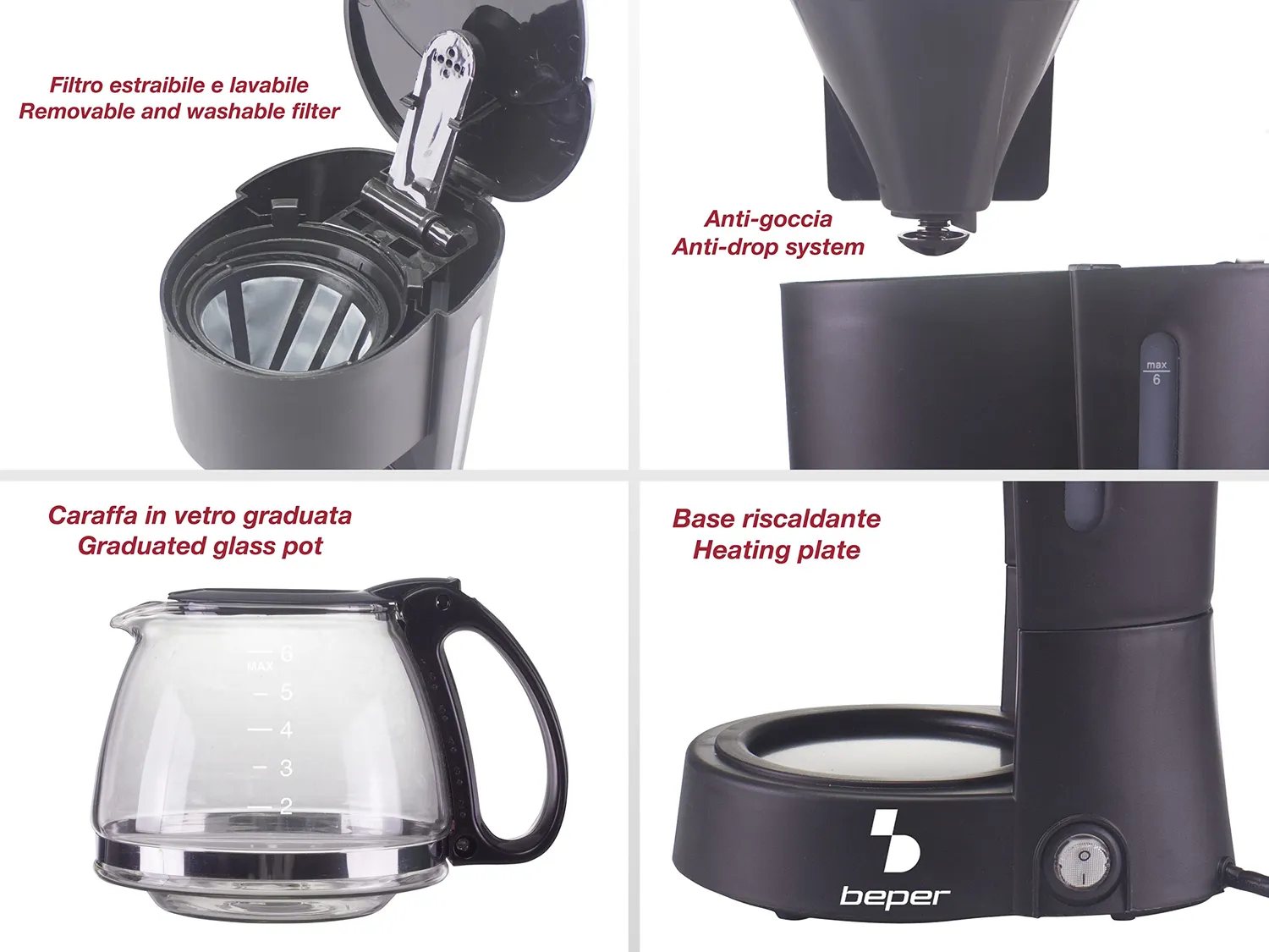 Beper BC.060 Macchina Caffè Americano 600 ml Nero 4 Tazze