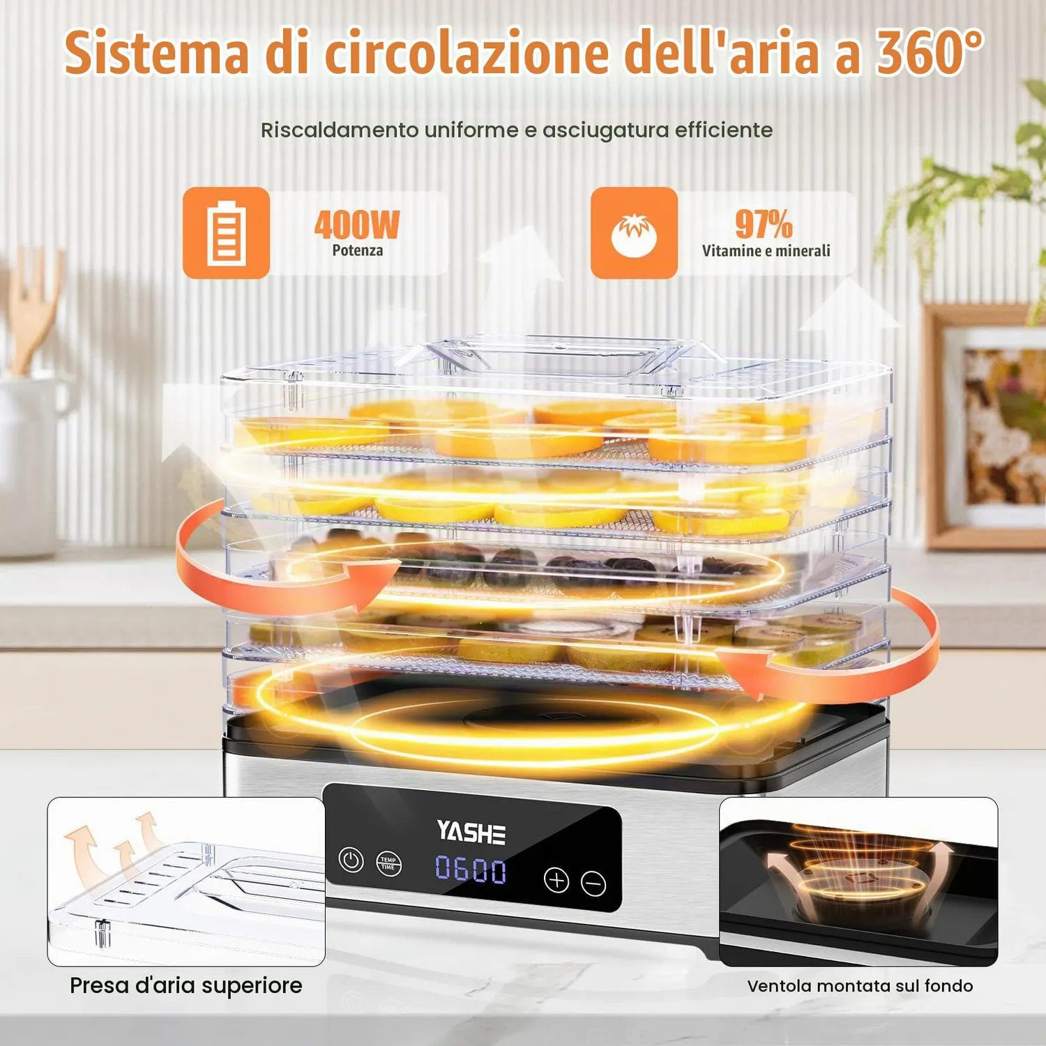 Yashe essiccatore alimentare 5 vassoi acciaio inox 400W