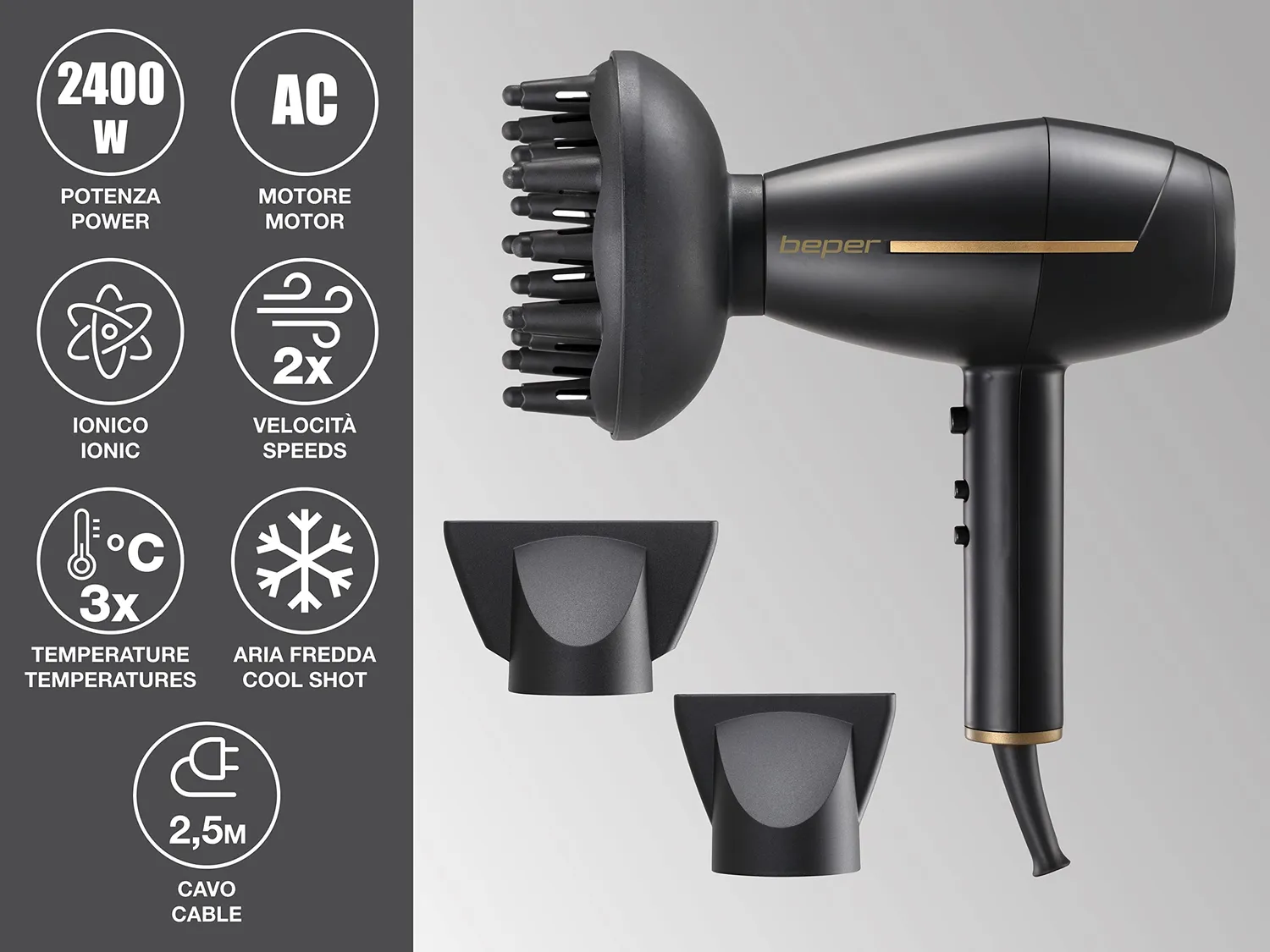 Beper Asciugacapelli Professionale 2400W Nero Oro Ionico