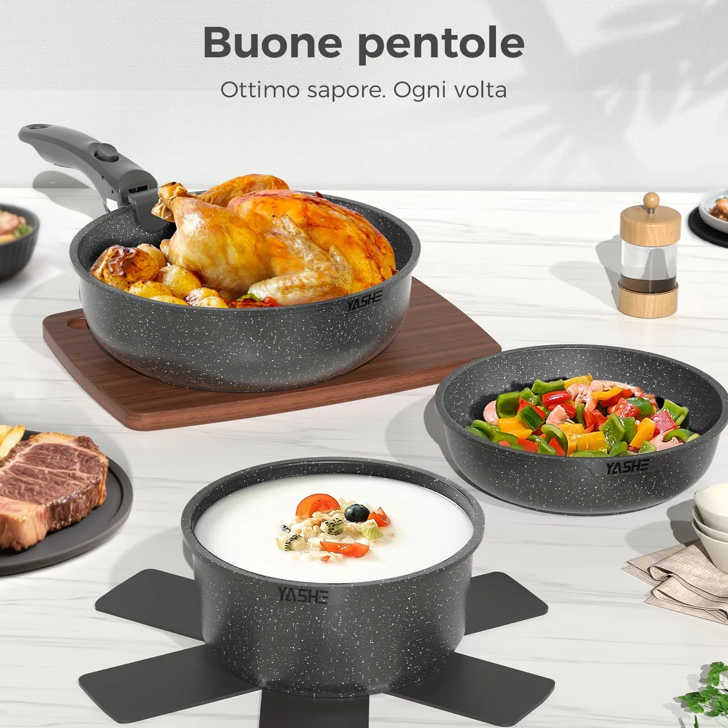 YASHE Batteria Pentole Induzione 15 Pezzi senza PTFE Forno
