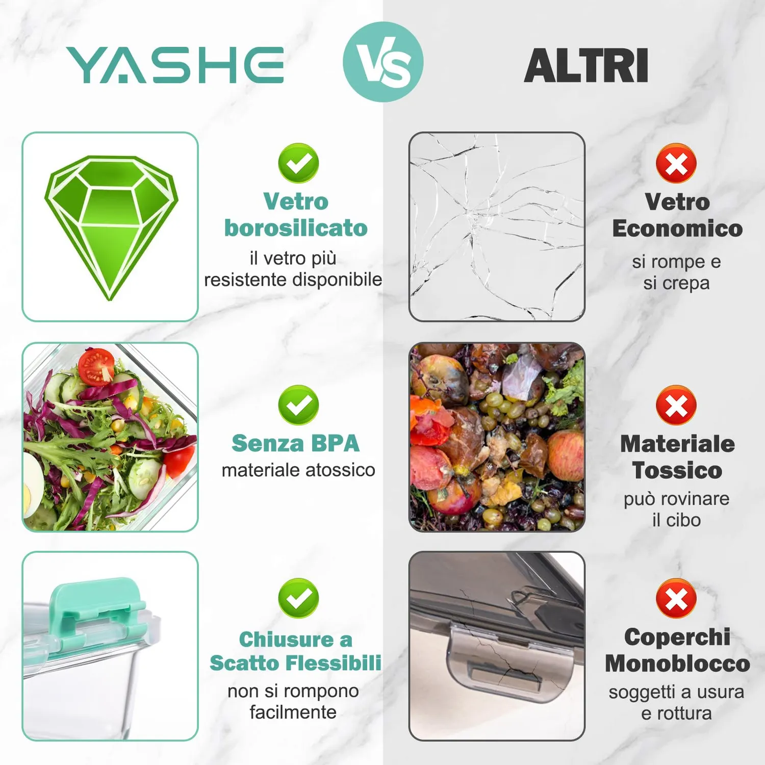 YASHE Set 10 Contenitori Vetro Alimenti 1040+370 ml Verde Ermetici