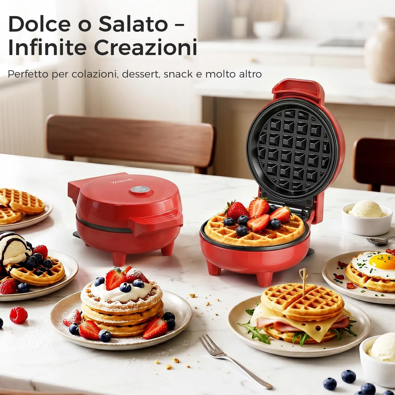 Yashe mini piastra waffle 550W rossa 10cm antiaderente