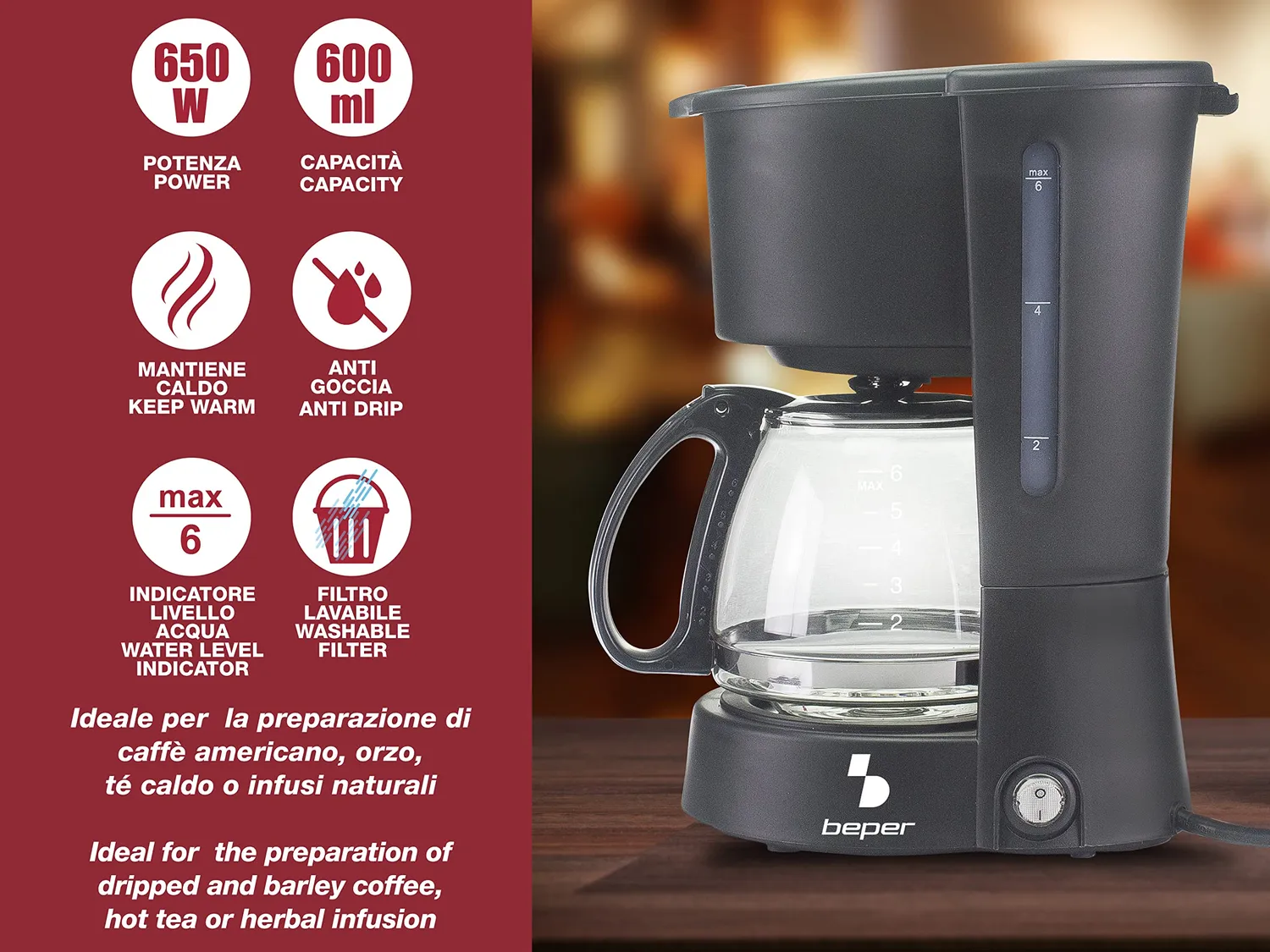 Beper BC.060 Macchina Caffè Americano 600 ml Nero 4 Tazze
