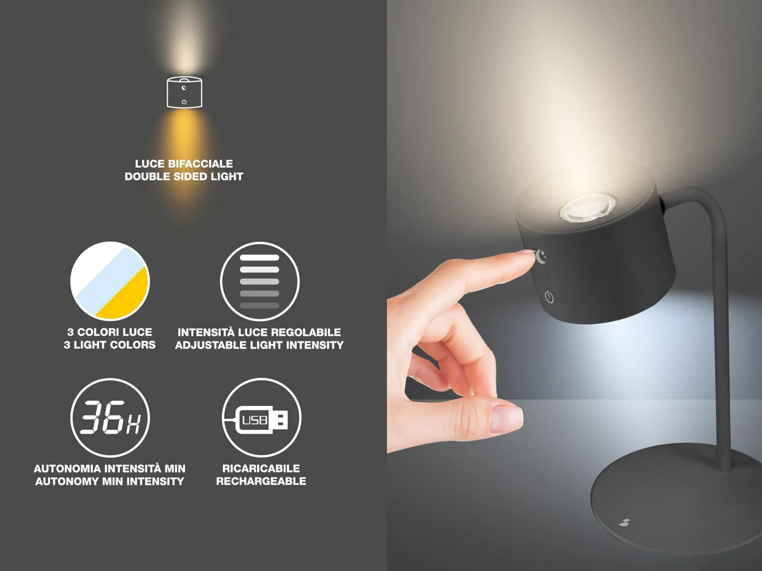 Beper Luminì lampada ricaricabile LED touch 39,5 cm 3 luci