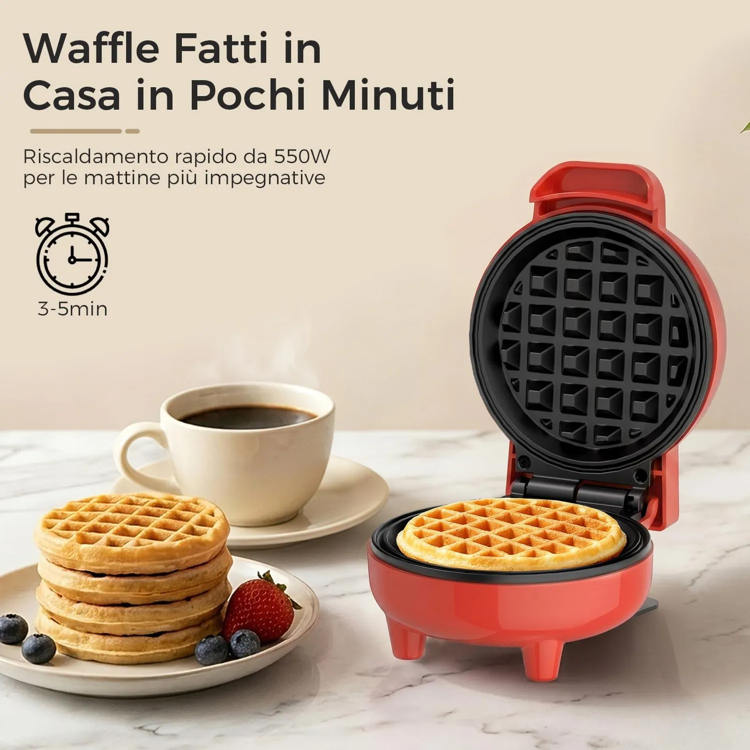 Yashe mini piastra waffle 550W rossa 10cm antiaderente