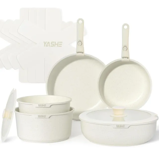 YASHE set 13 pentole e padelle antiaderenti manico staccabile crema