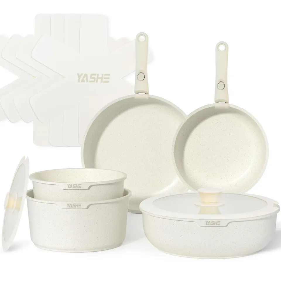 YASHE set 13 pentole e padelle antiaderenti manico staccabile crema