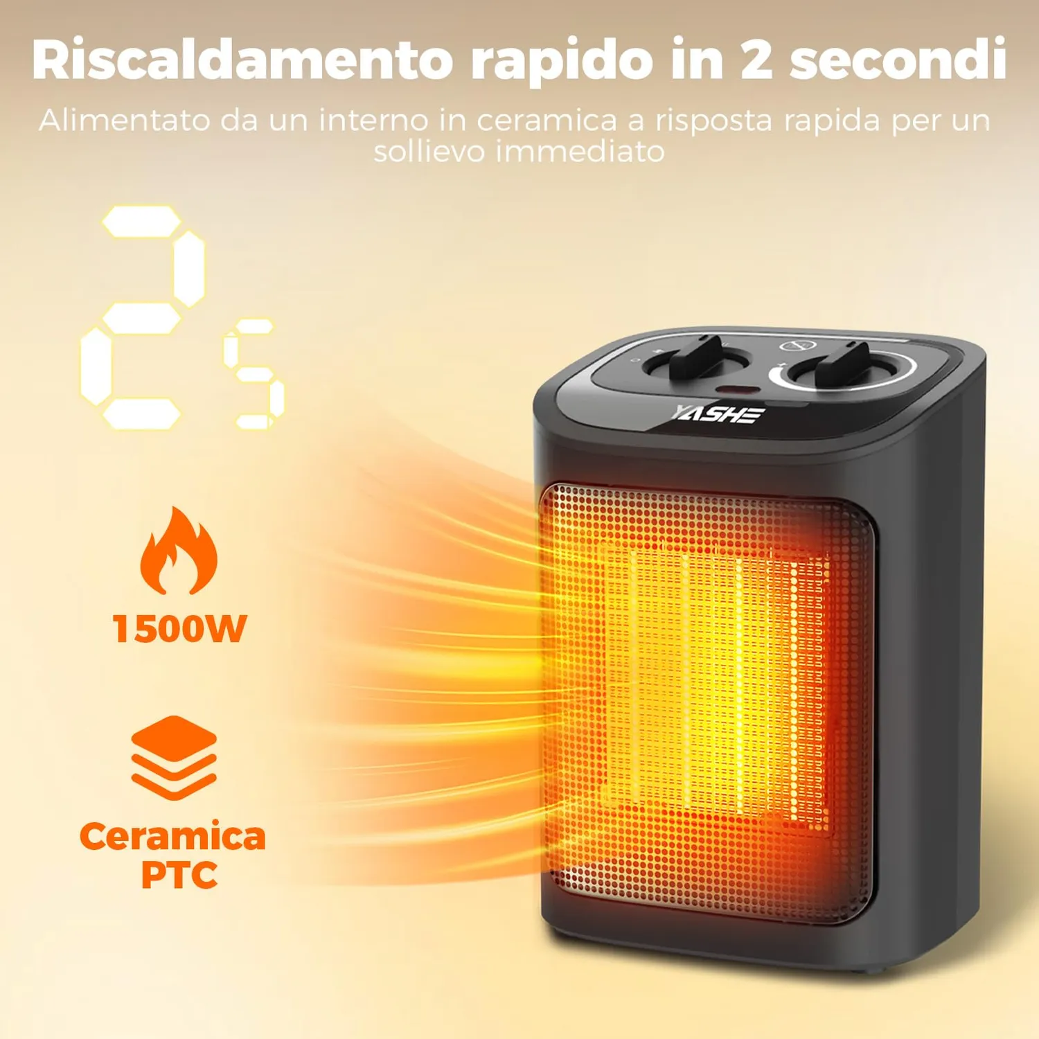 YASHE Stufa Elettrica Ceramica PTC 1500W 3 Modalità