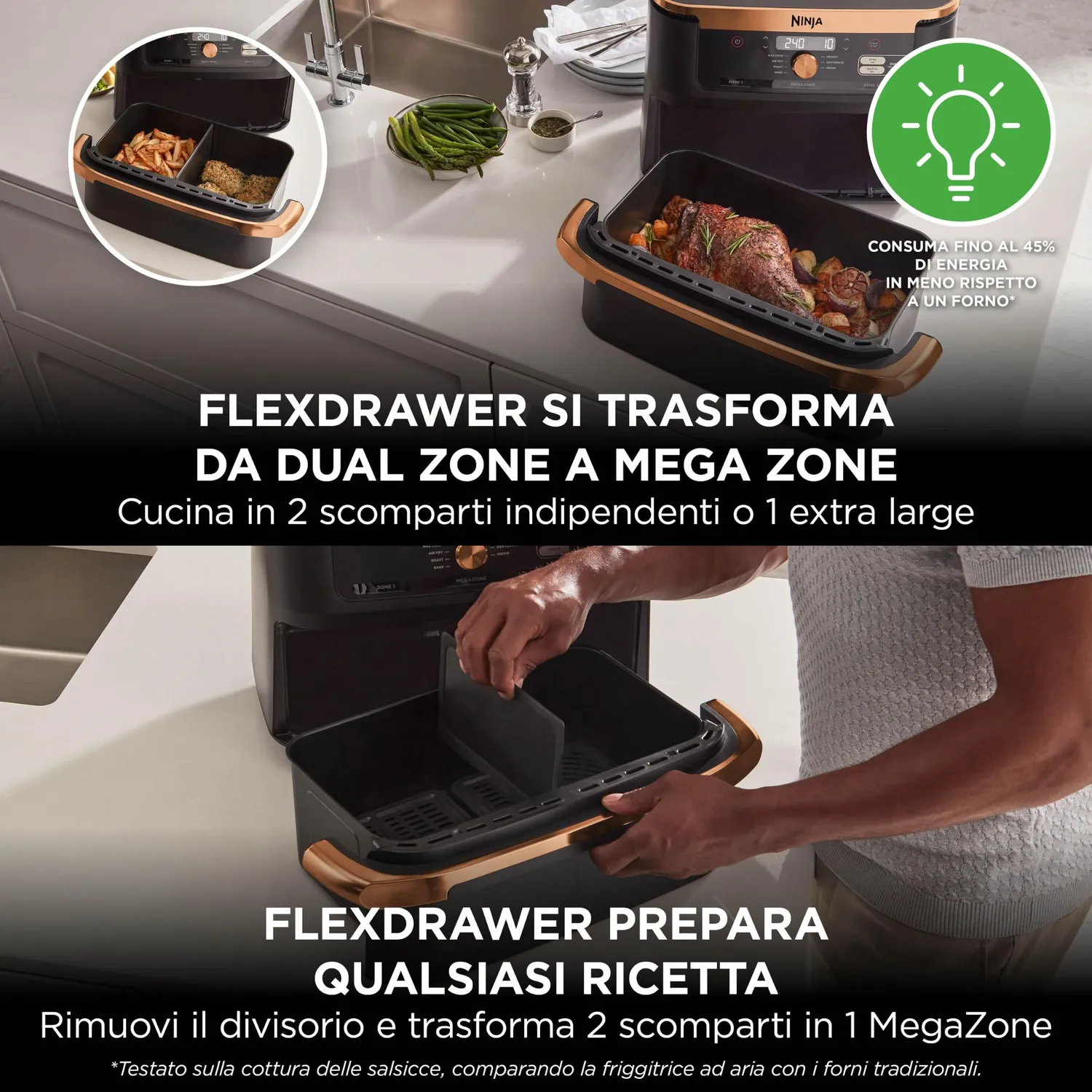 Ninja FlexDrawer Friggitrice 10,4L Nero Rame con Pinze