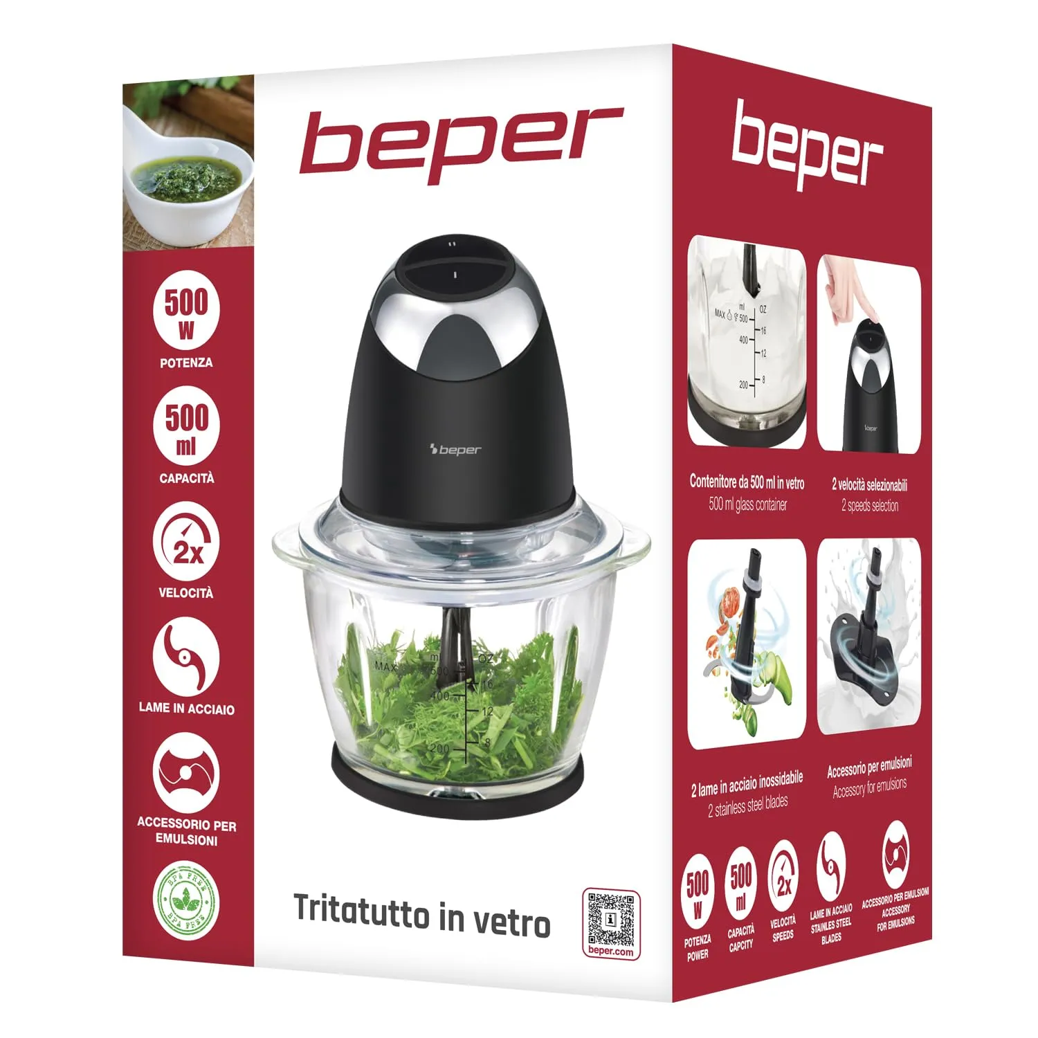 Beper Chop&Whip P102ROB003 Tritatutto Vetro 500 ml 2 Velocità