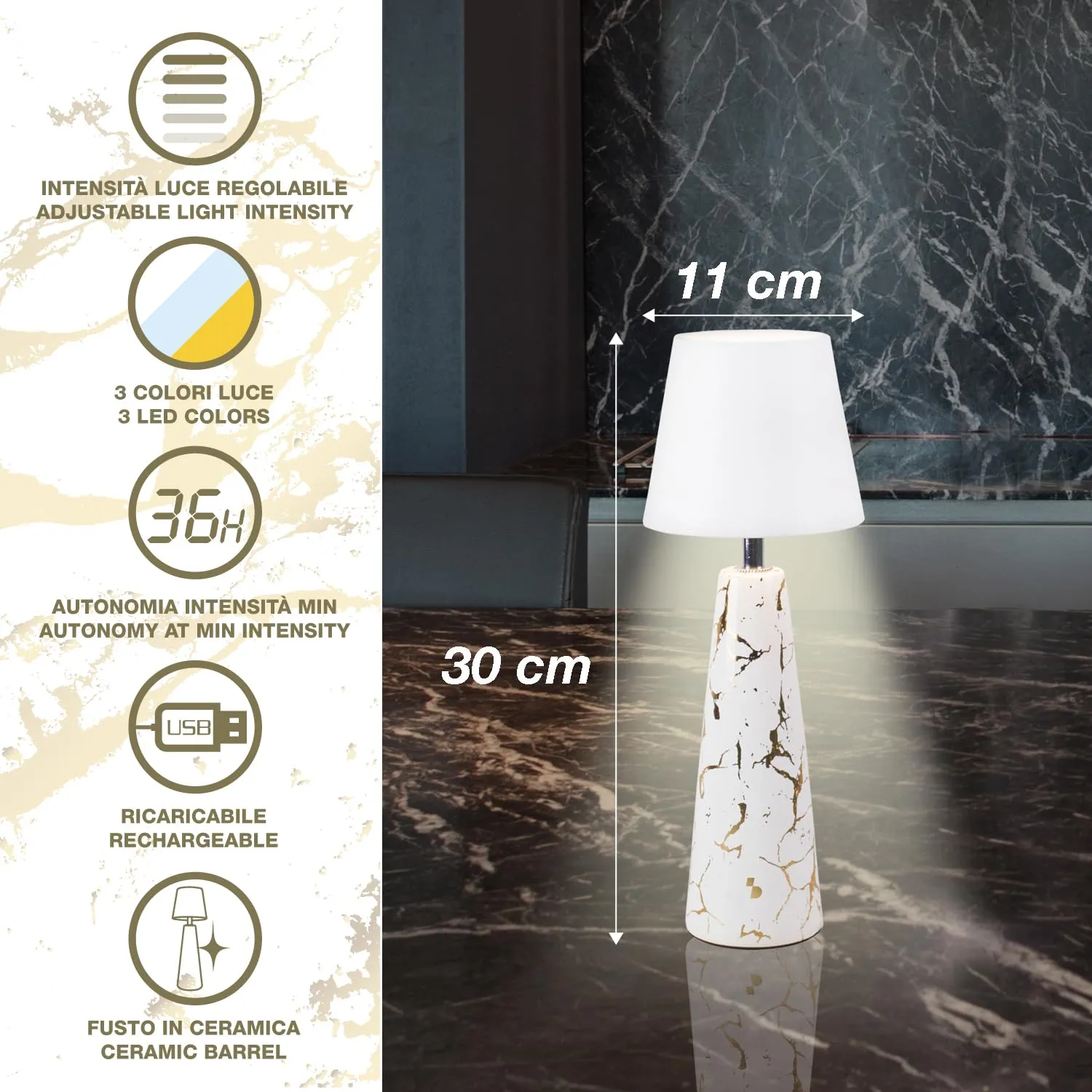 Beper P207ILI500 Marble lampada tavolo ricaricabile ceramica