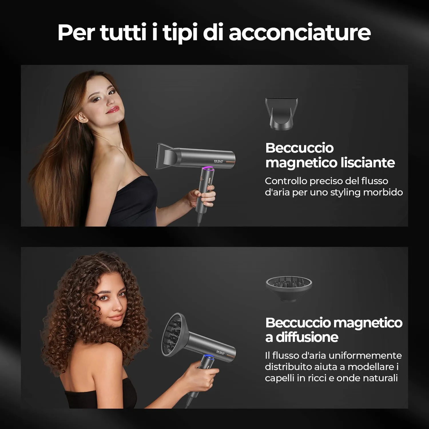 Yashe Asciugacapelli Ionico 1800W con Diffusore