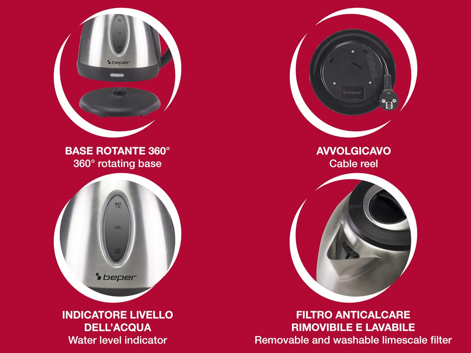 Beper P101BOL001 bollitore elettrico 1,2 L acciaio senza fili