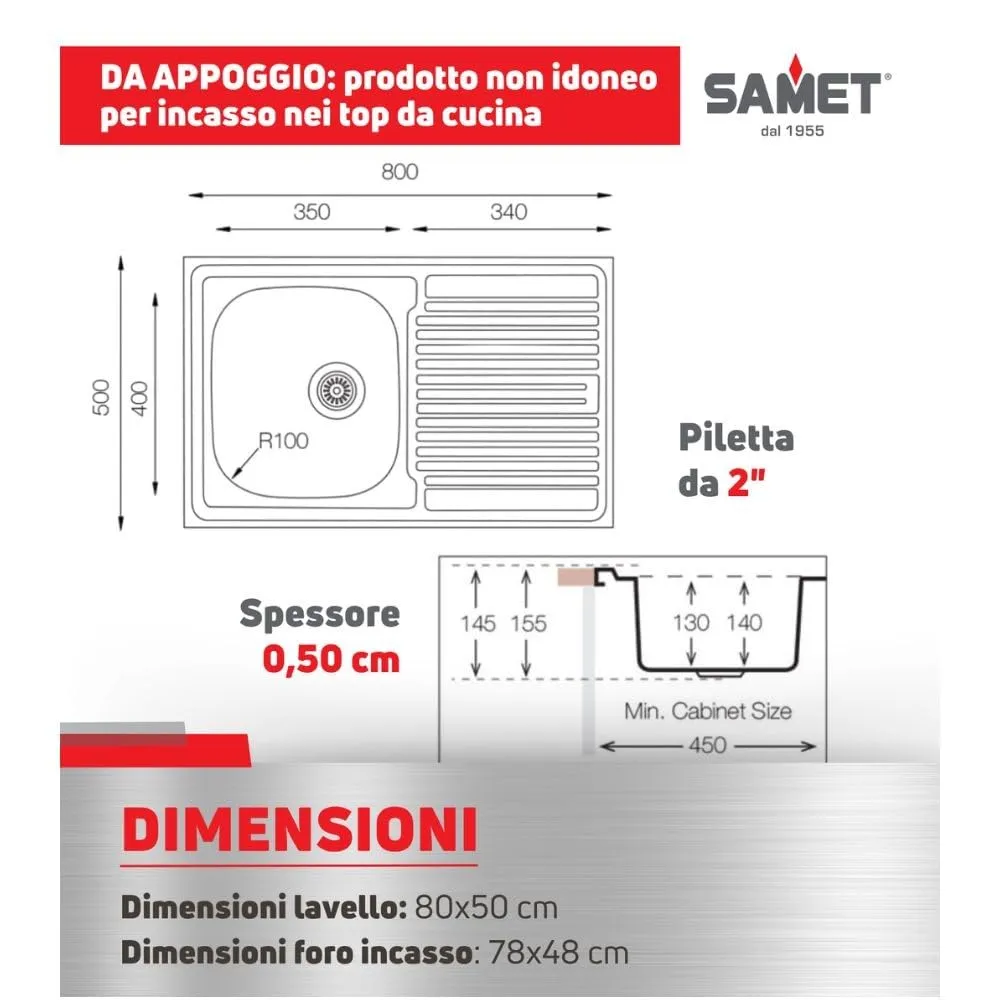 Samet SA216 lavello appoggio 80x50 inox gocciolatoio sinistro