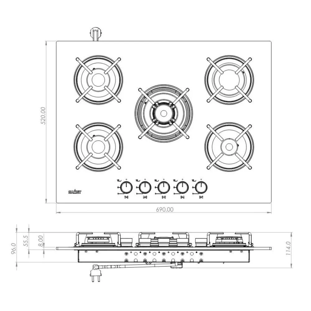 Samet Minerva70 piano cottura vetro gas 5 fuochi nero