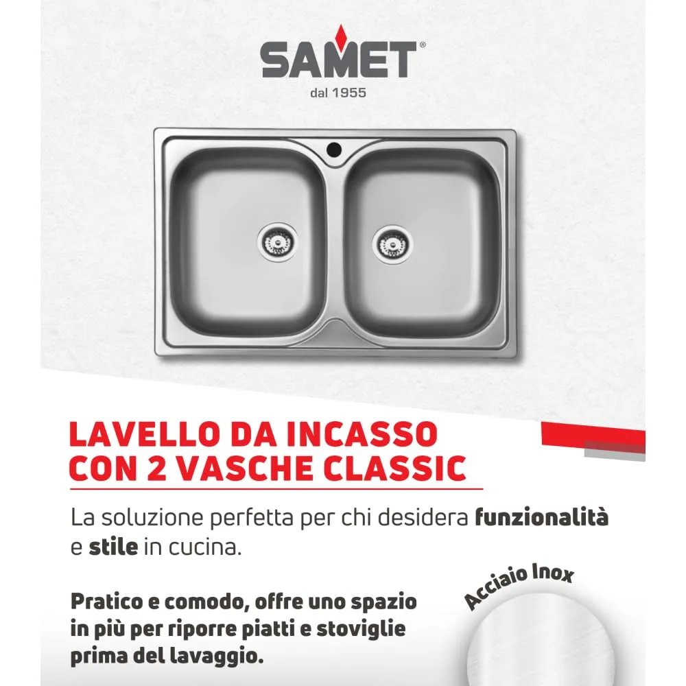 Samet lavello incasso due vasche acciaio inox 79x50 cm satinato