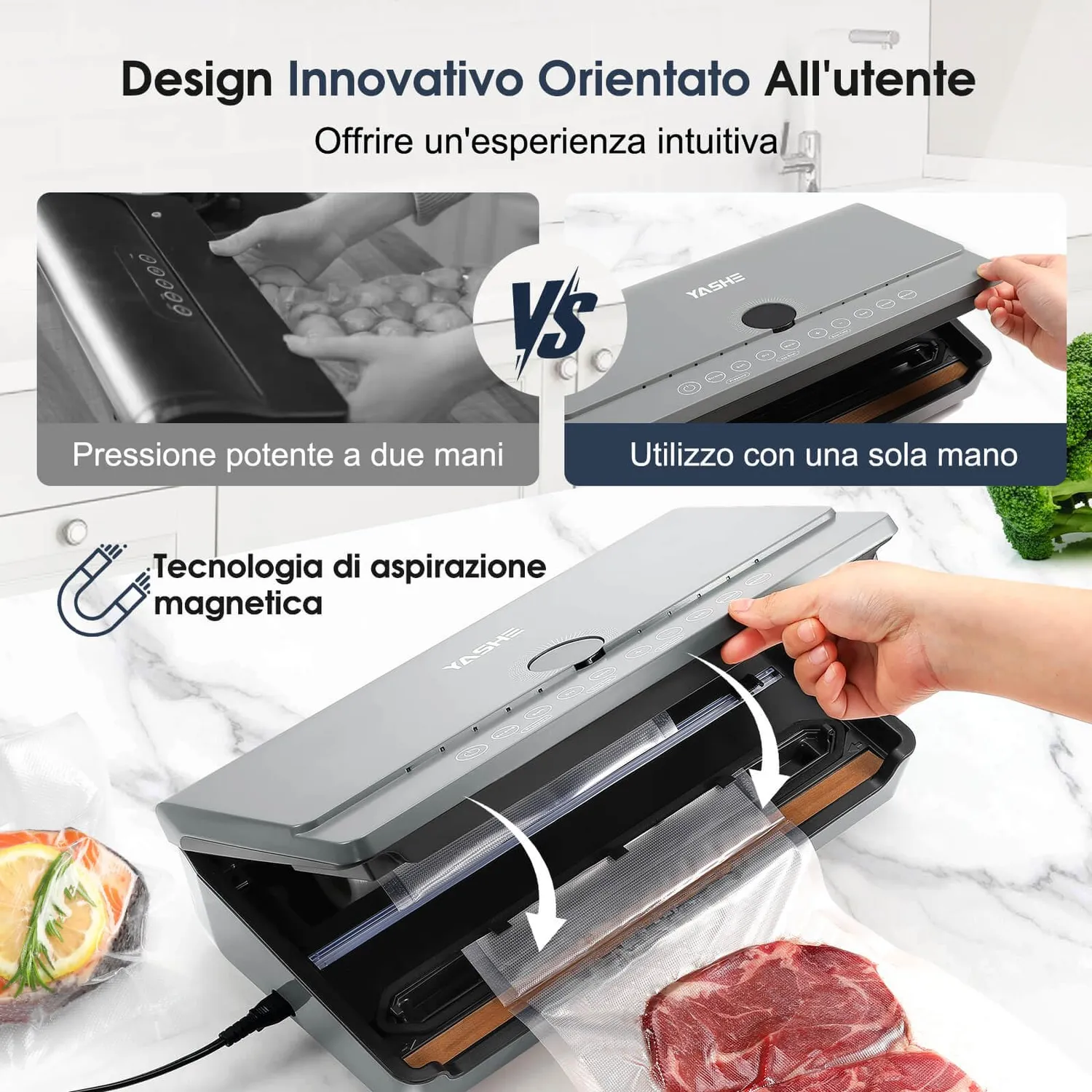 YASHE Macchina Sottovuoto 80KPa con Rotolo 20x300 Doppia Pompa