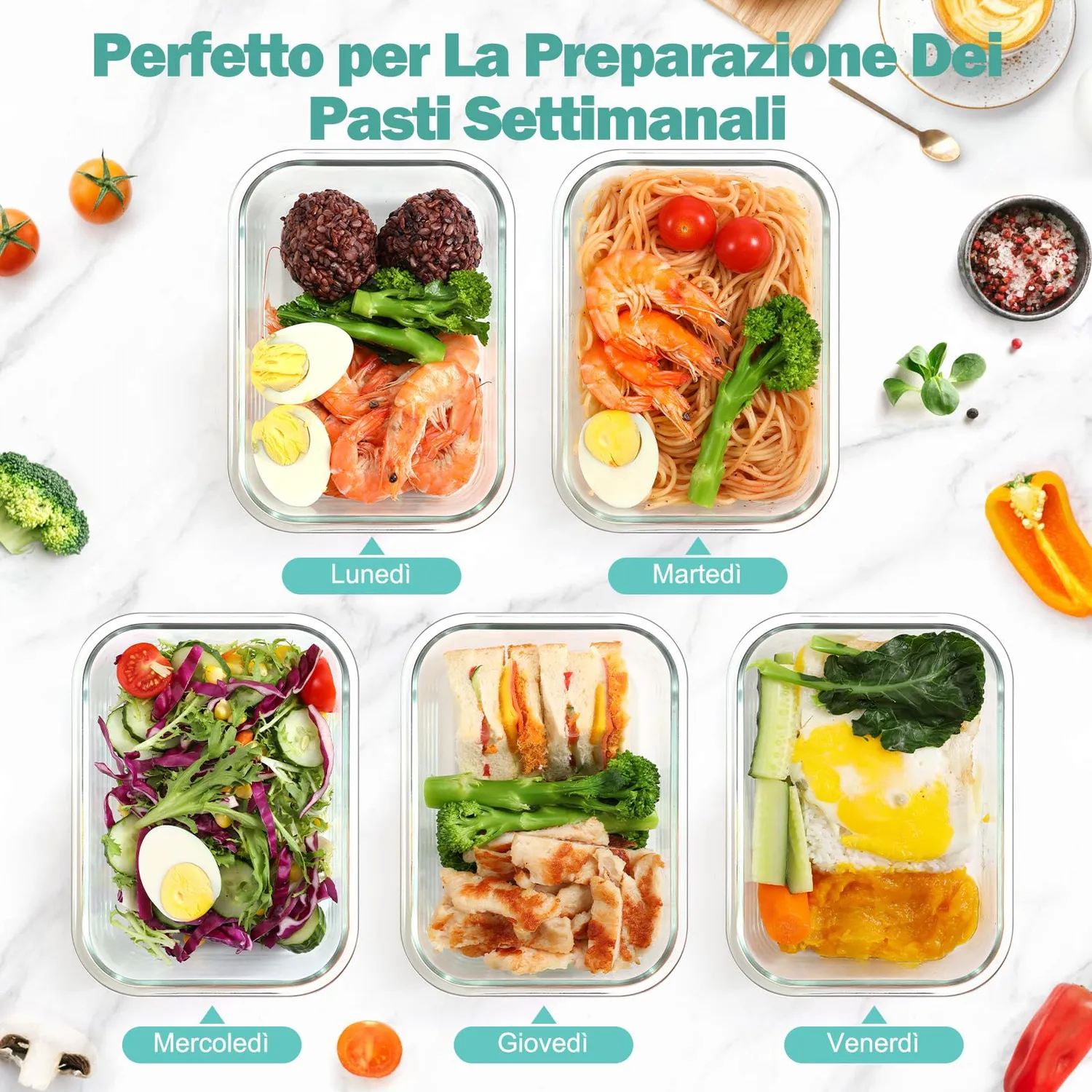 YASHE Set 10 Contenitori Vetro Alimenti 1040+370 ml Verde Ermetici
