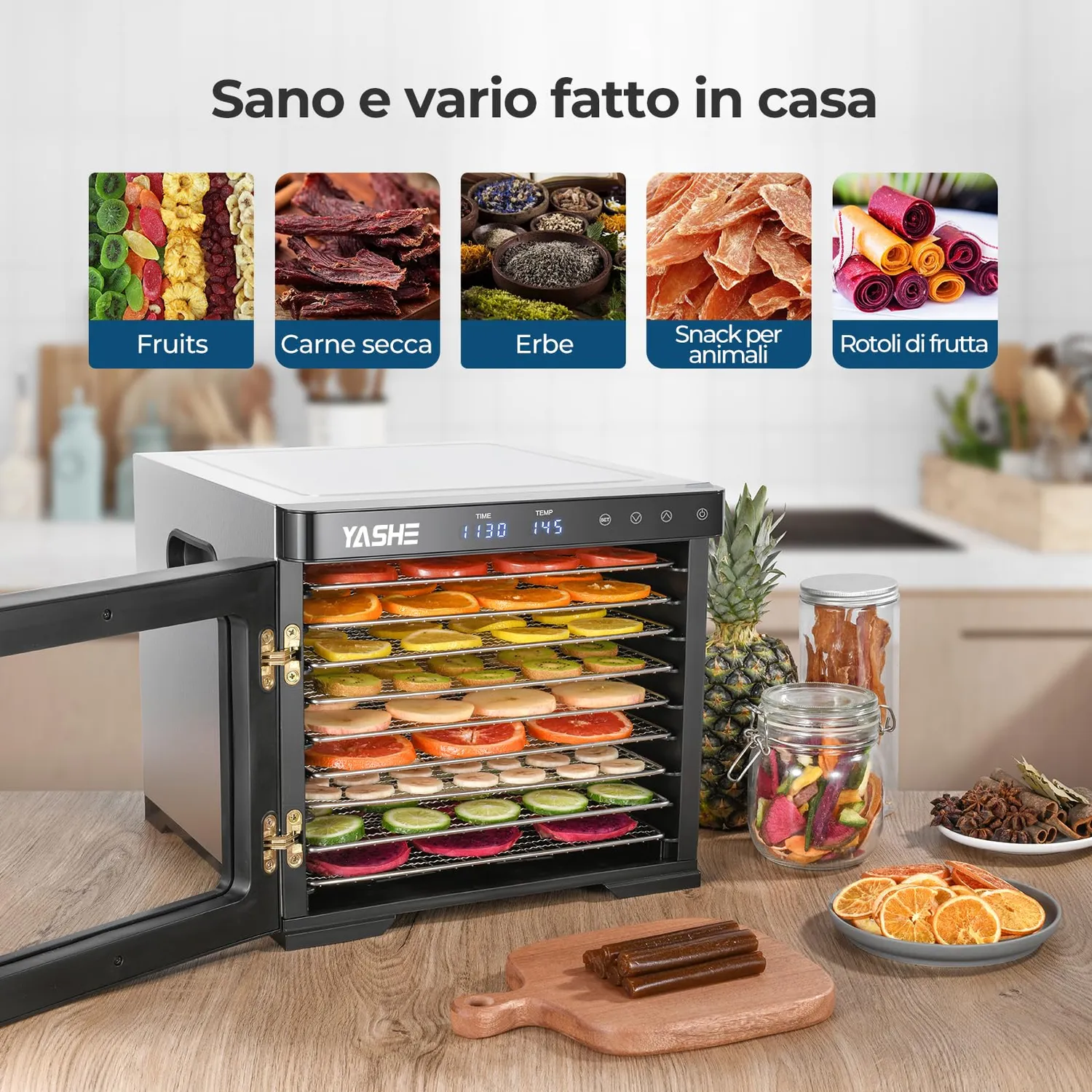 YASHE essiccatore alimentare 9 vassoi inox 1000W