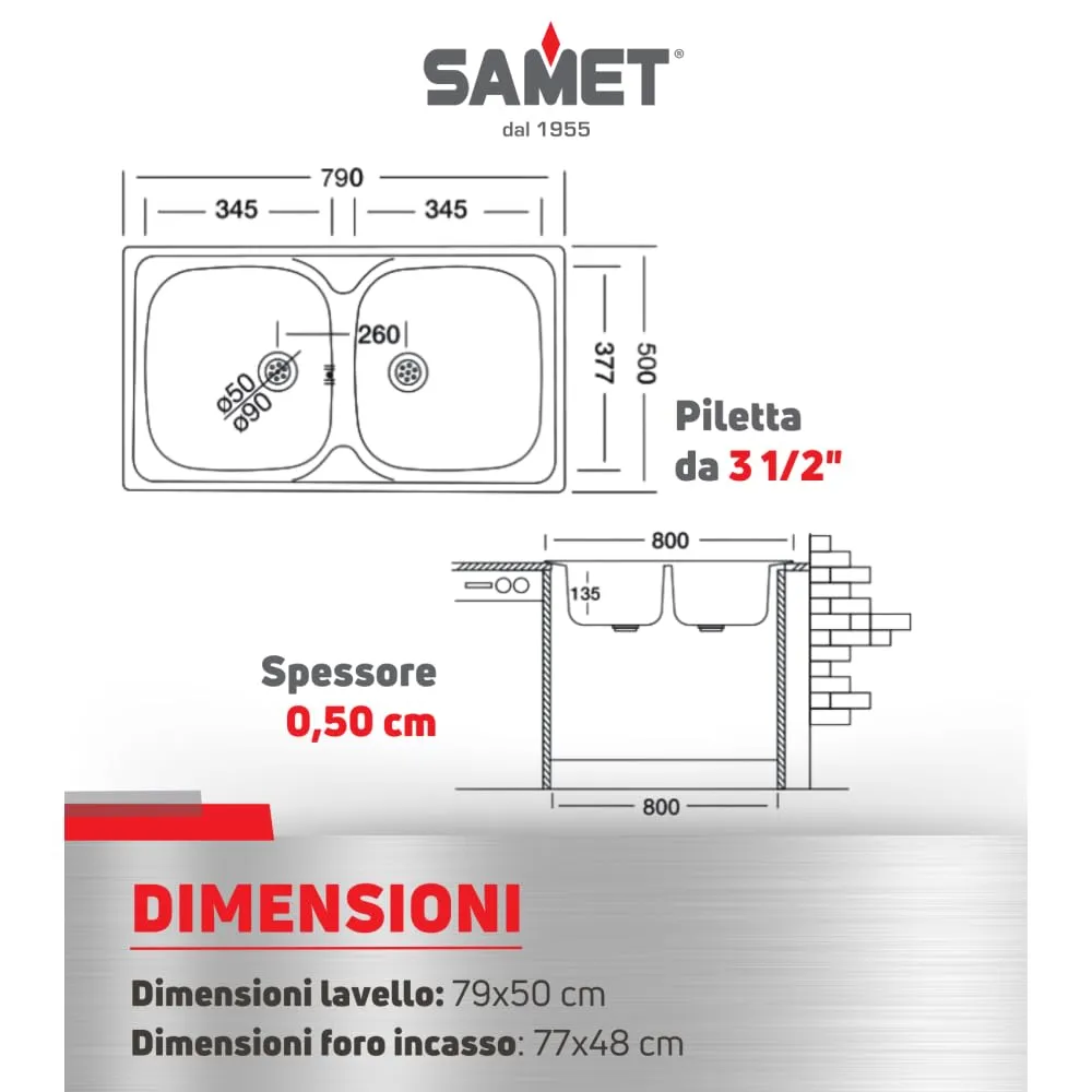 Samet lavello incasso due vasche acciaio inox 79x50 cm satinato