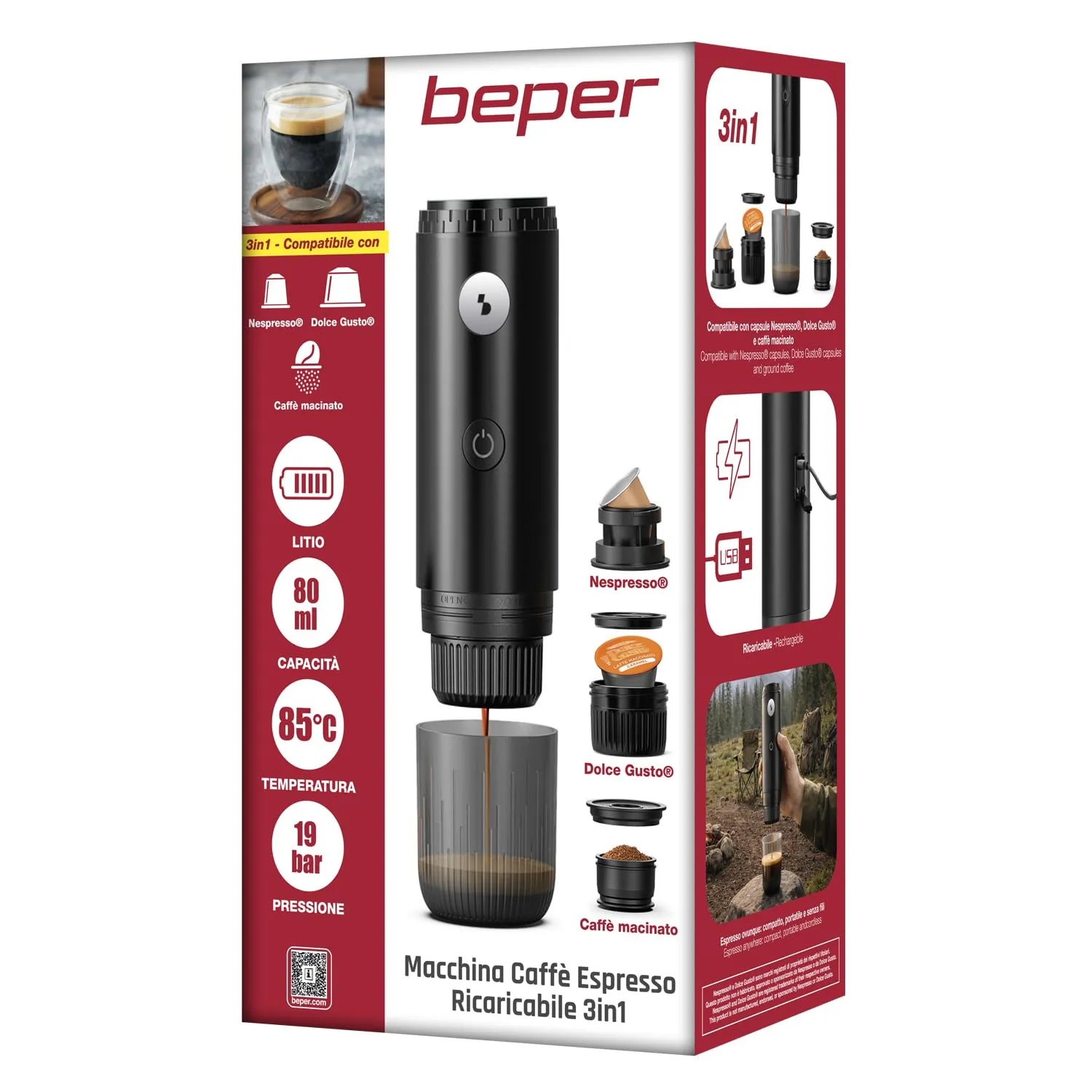 Beper P101CAF250 Macchina Caffè Portatile 3in1 19 Bar