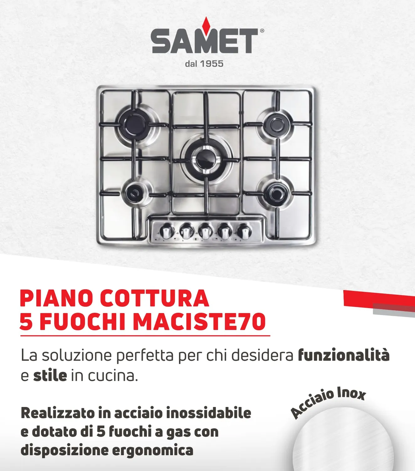 Samet Maciste70 piano cottura gas 5 fuochi inox 70 cm