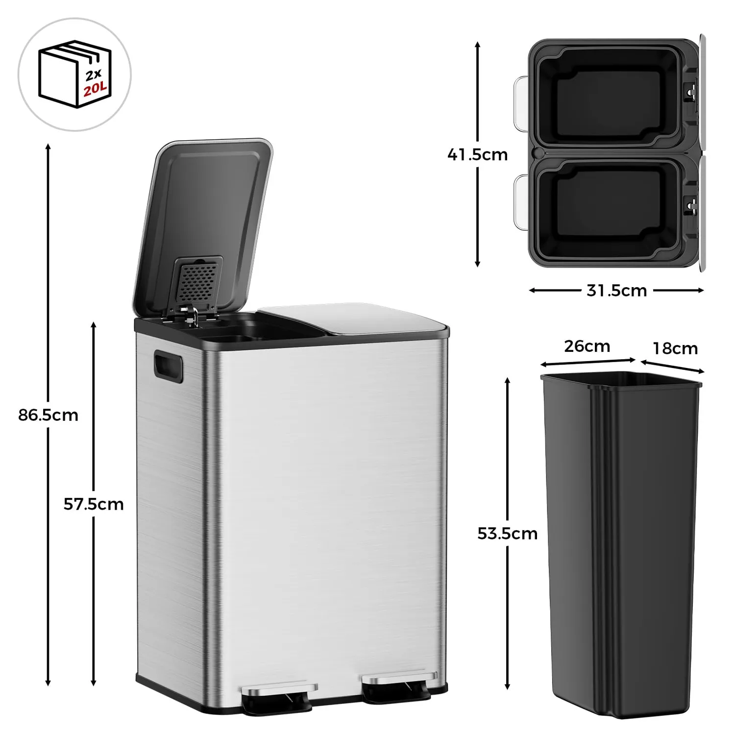 YASHE Pattumiera Doppia 2x20L Pedale Soft-Close Inox
