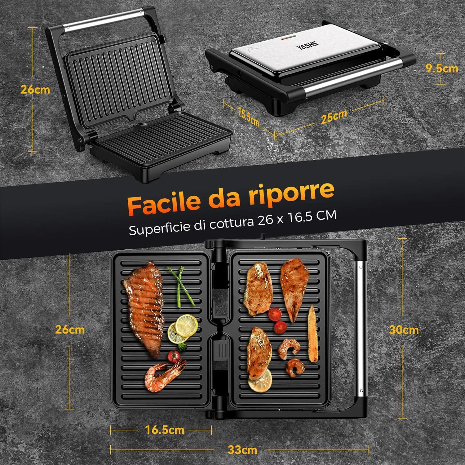 Yashe tostapane griglia panini 1500W piastre XXL 2 fette