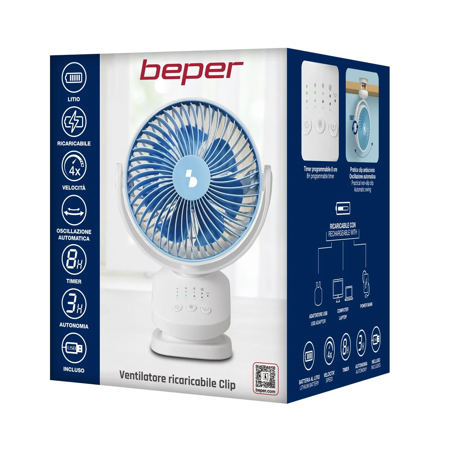 Beper P206VEN421 Mini Ventilatore Clip Ricaricabile USB
