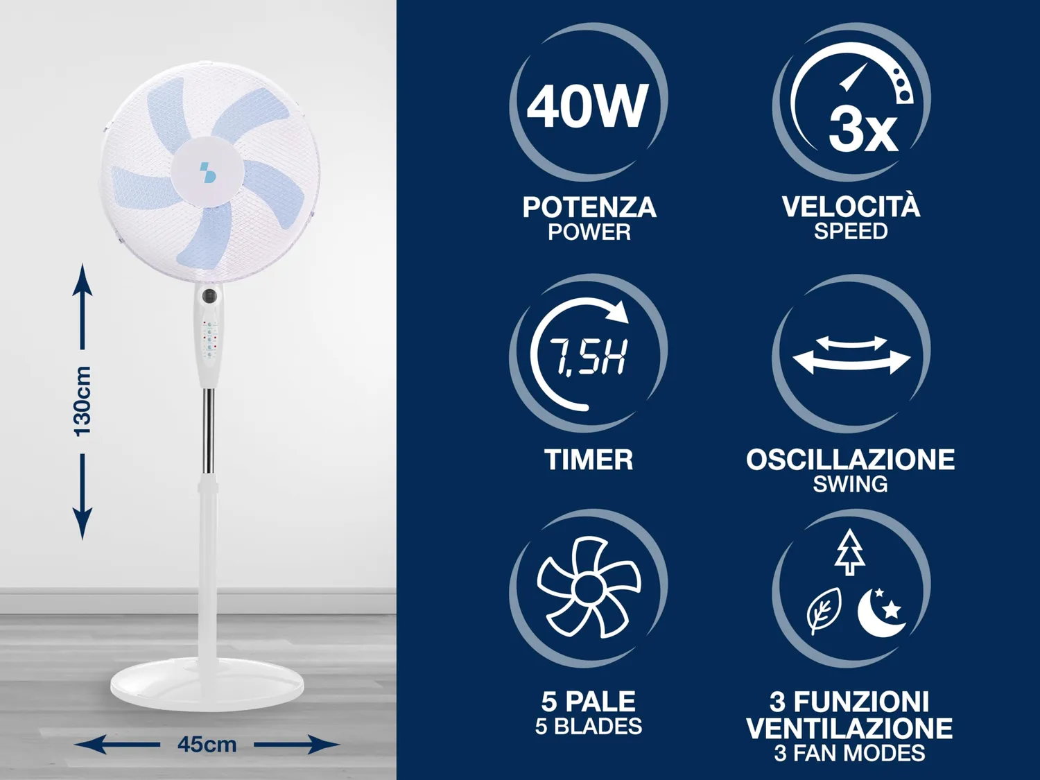 Beper ventilatore a piantana bianco 40 cm telecomando timer