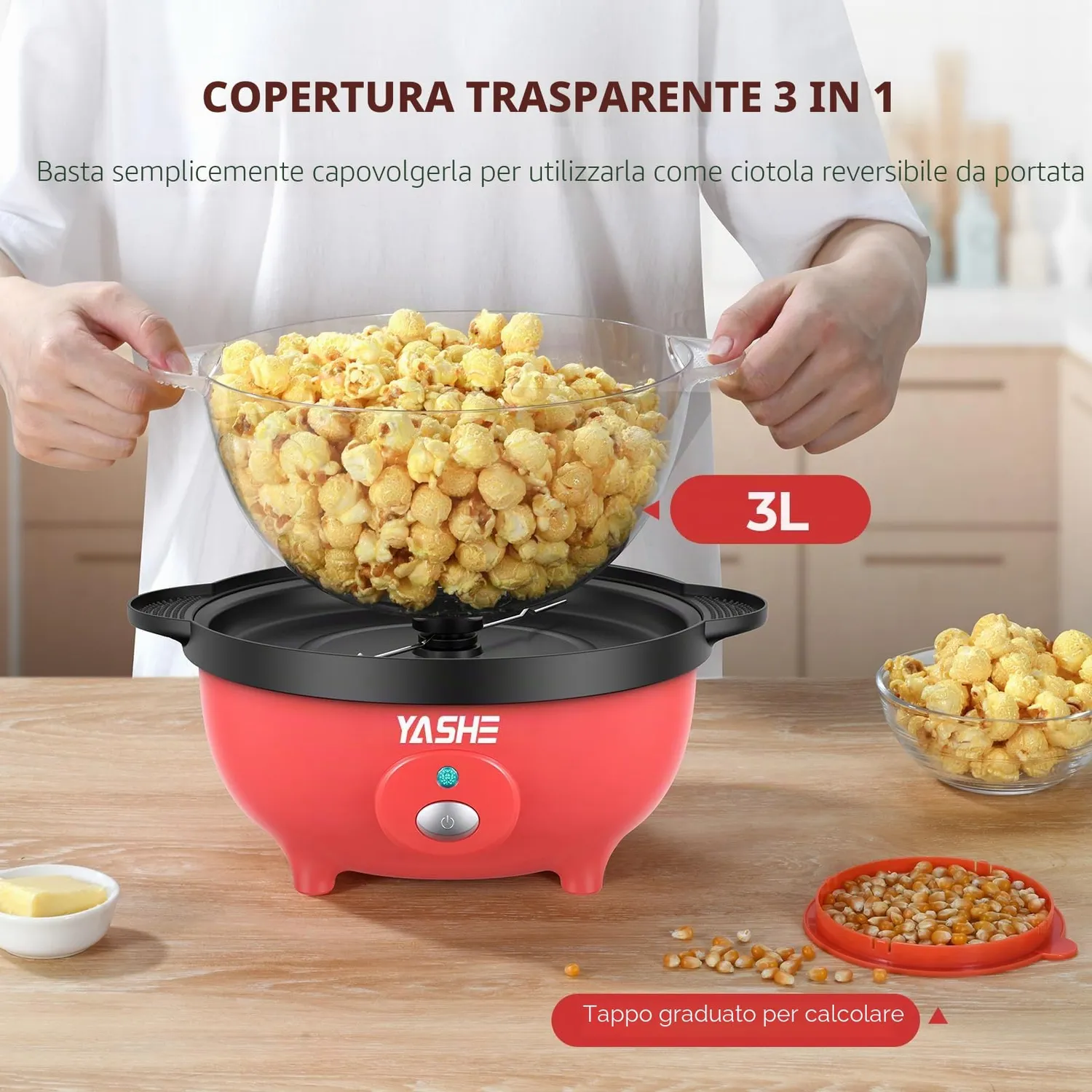YASHE Macchina Popcorn Elettrica 650W Ciotola 3L Antiaderente