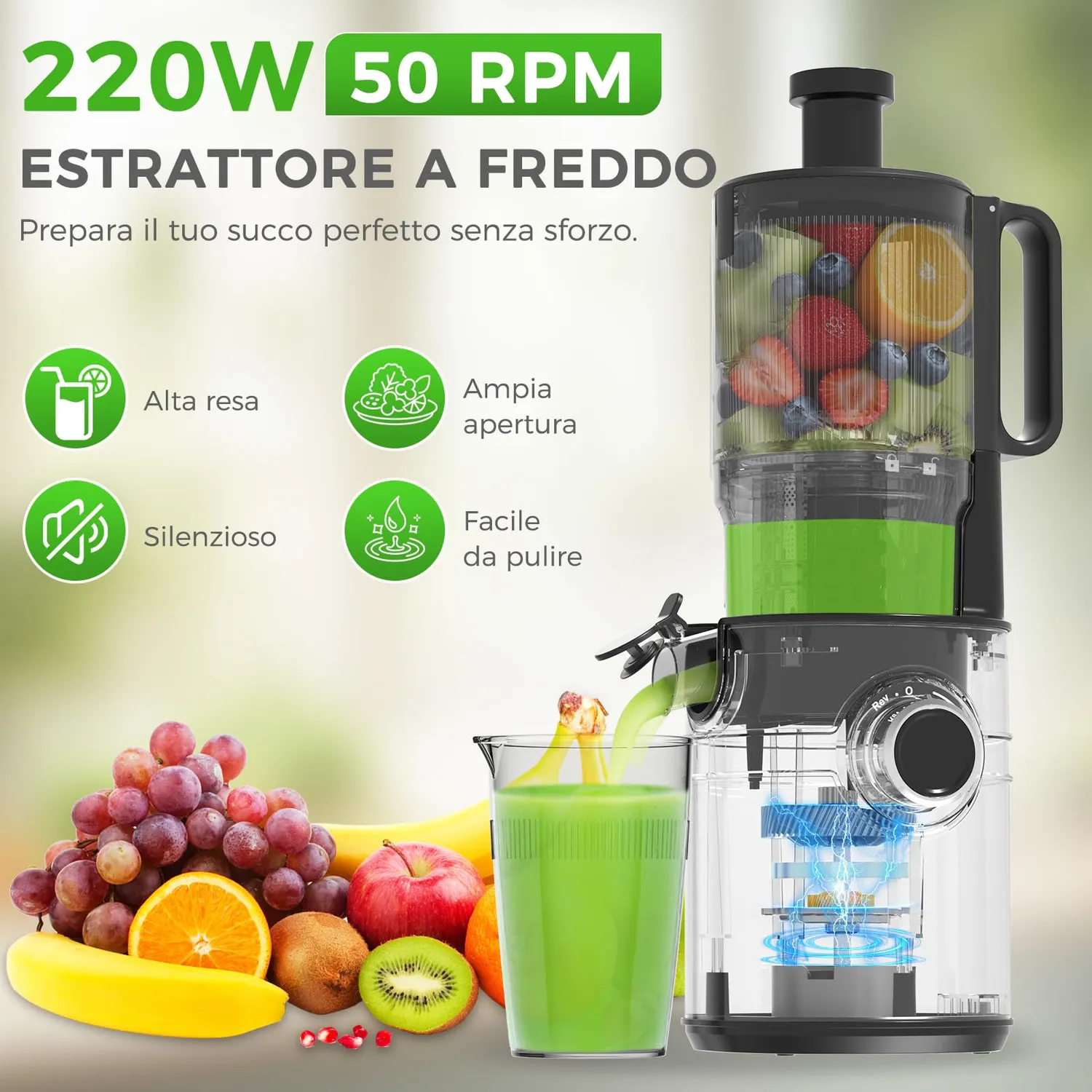 YASHE Estrattore Succo Freddo 200W Bocca 12,7cm Nero