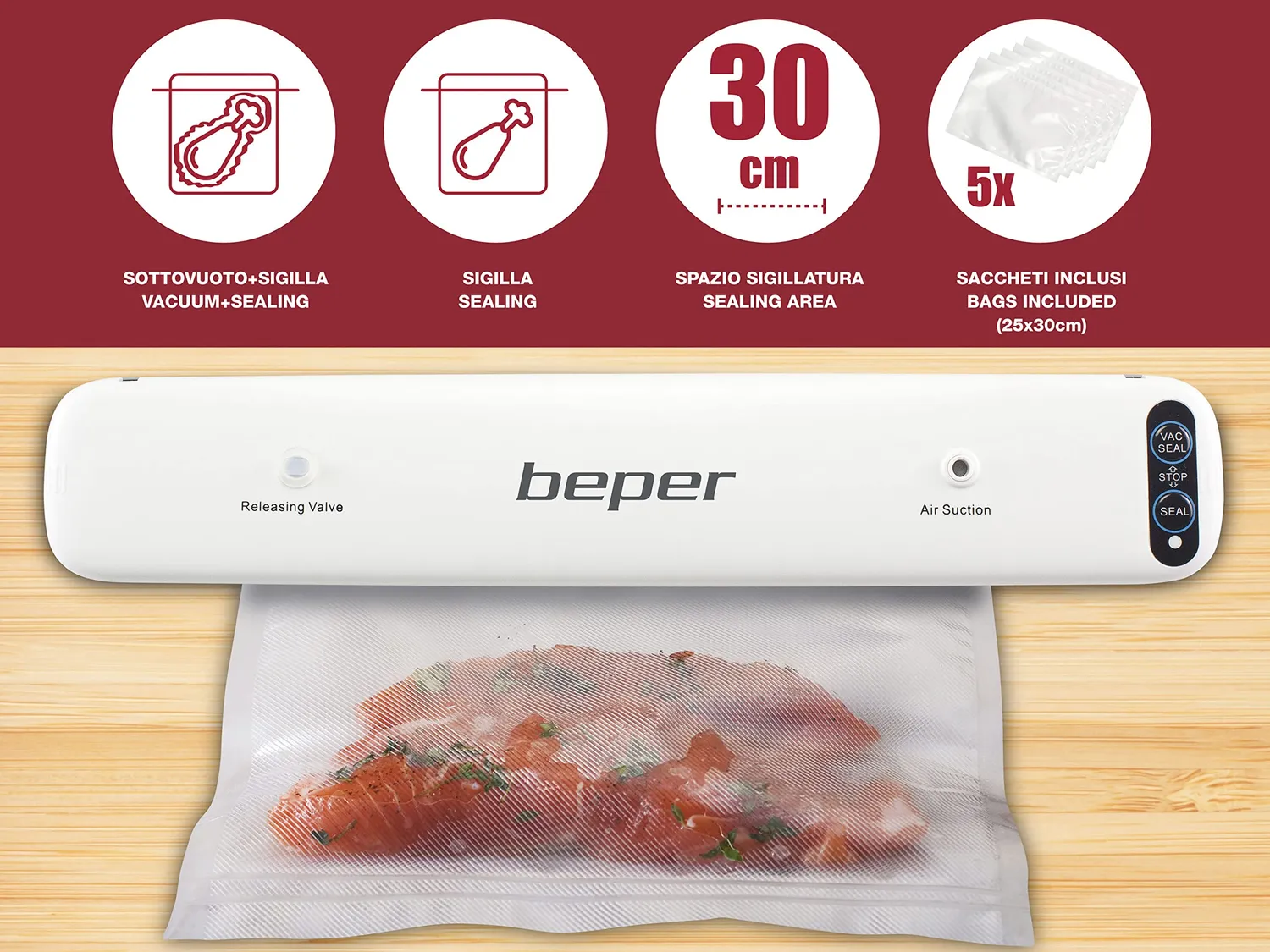 Beper P102CON001 Macchina Sottovuoto 30 cm con 5 Sacchetti