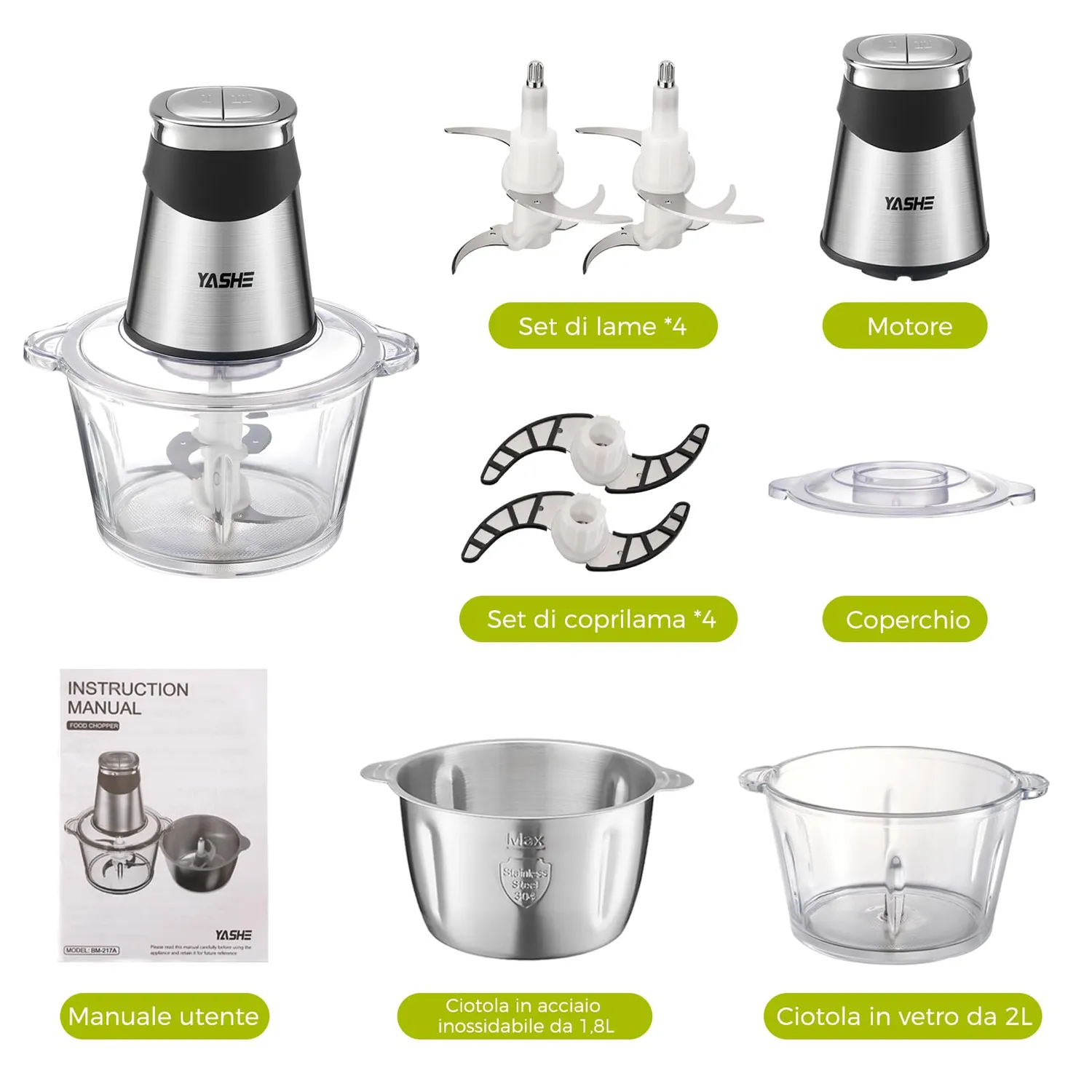 Yashe tritatutto elettrico 500W 2 ciotole 2L+2L vetro argento