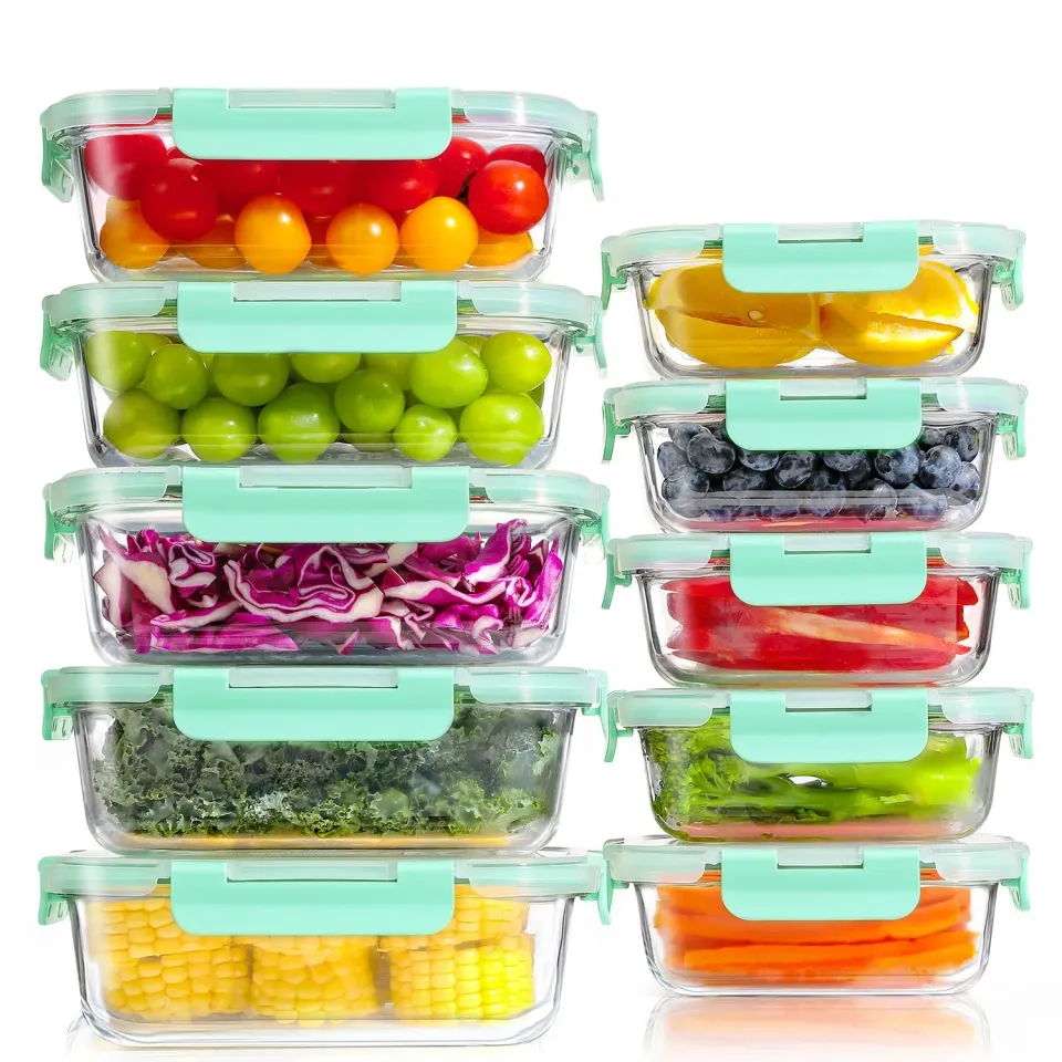 YASHE Set 10 Contenitori Vetro Alimenti 1040+370 ml Verde Ermetici