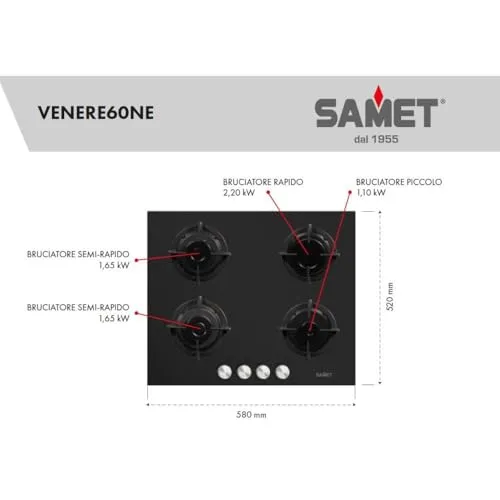 Samet Venere 60 Piano cottura vetro 4 fuochi nero