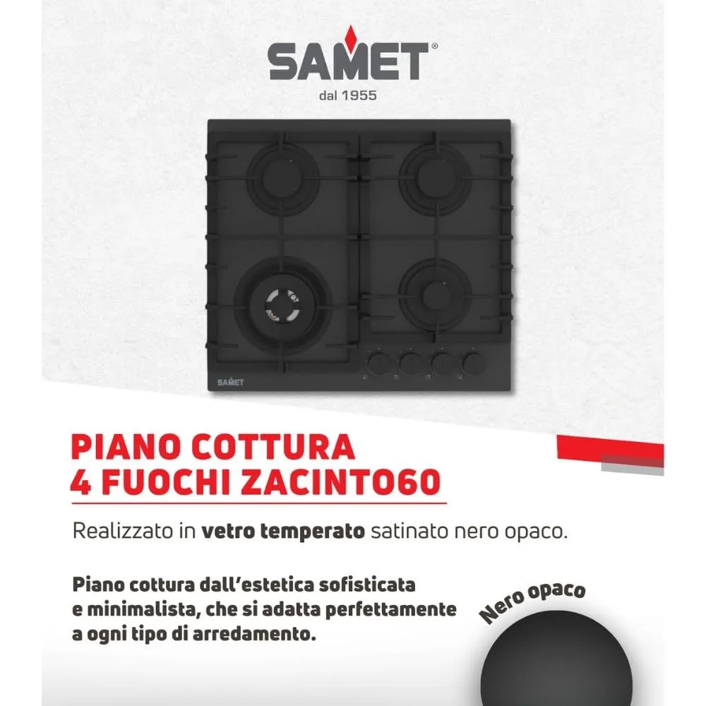 Samet Zacinto60 piano cottura gas 4 fuochi 60 cm vetro nero