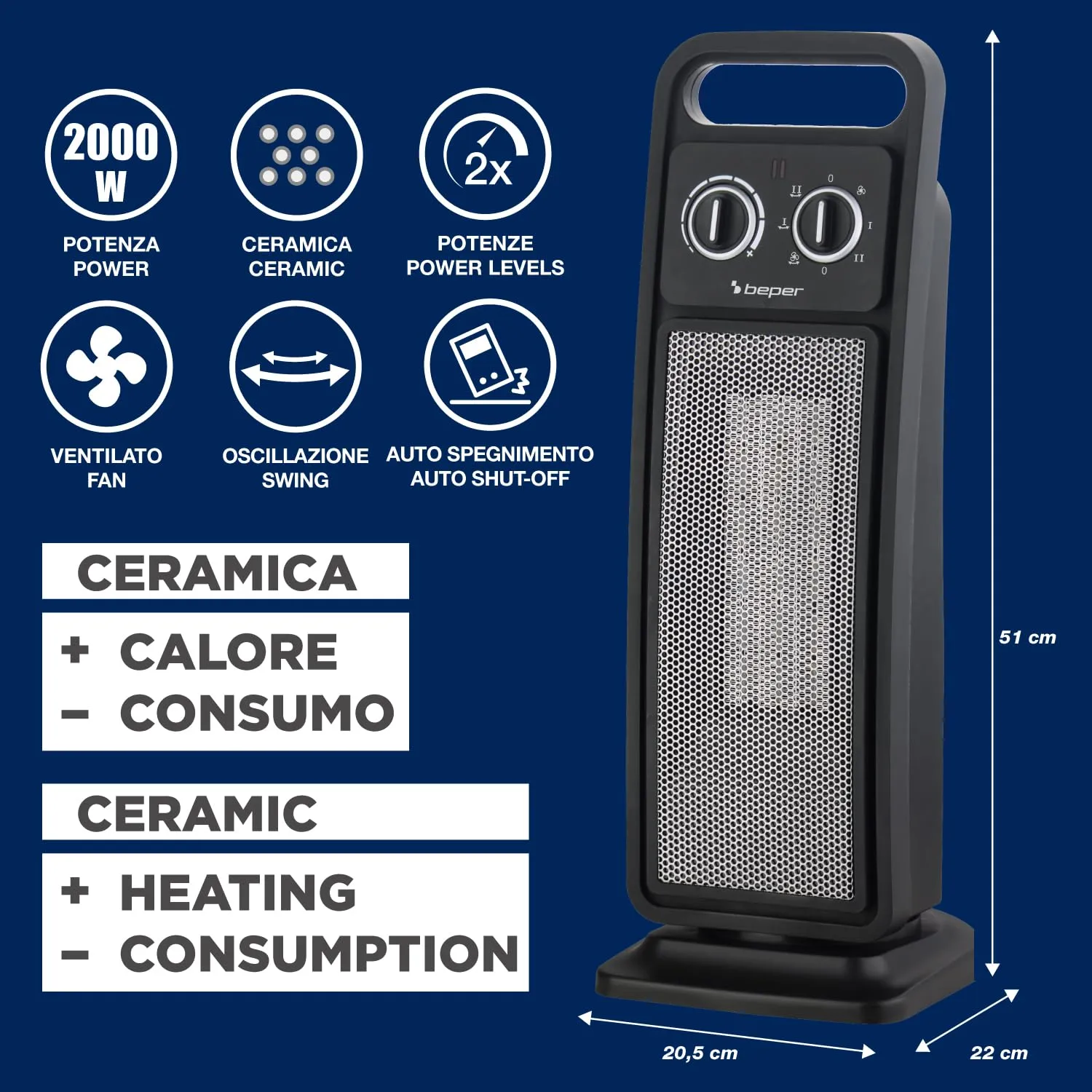 Beper P203TER002 Termoventilatore Ceramico Torretta 2000W