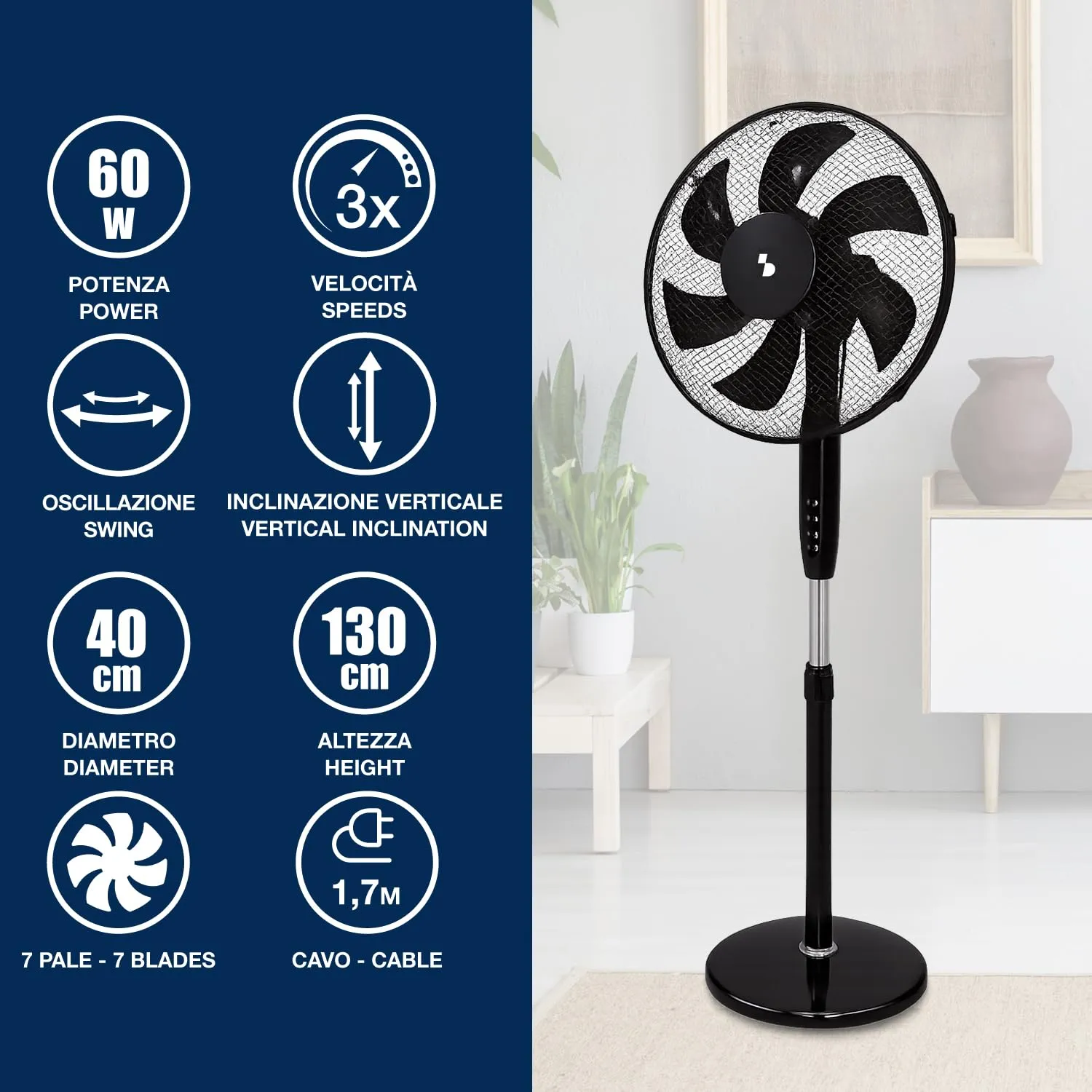 Beper P206VEN120 Ventilatore a Piantana 40 cm Nero