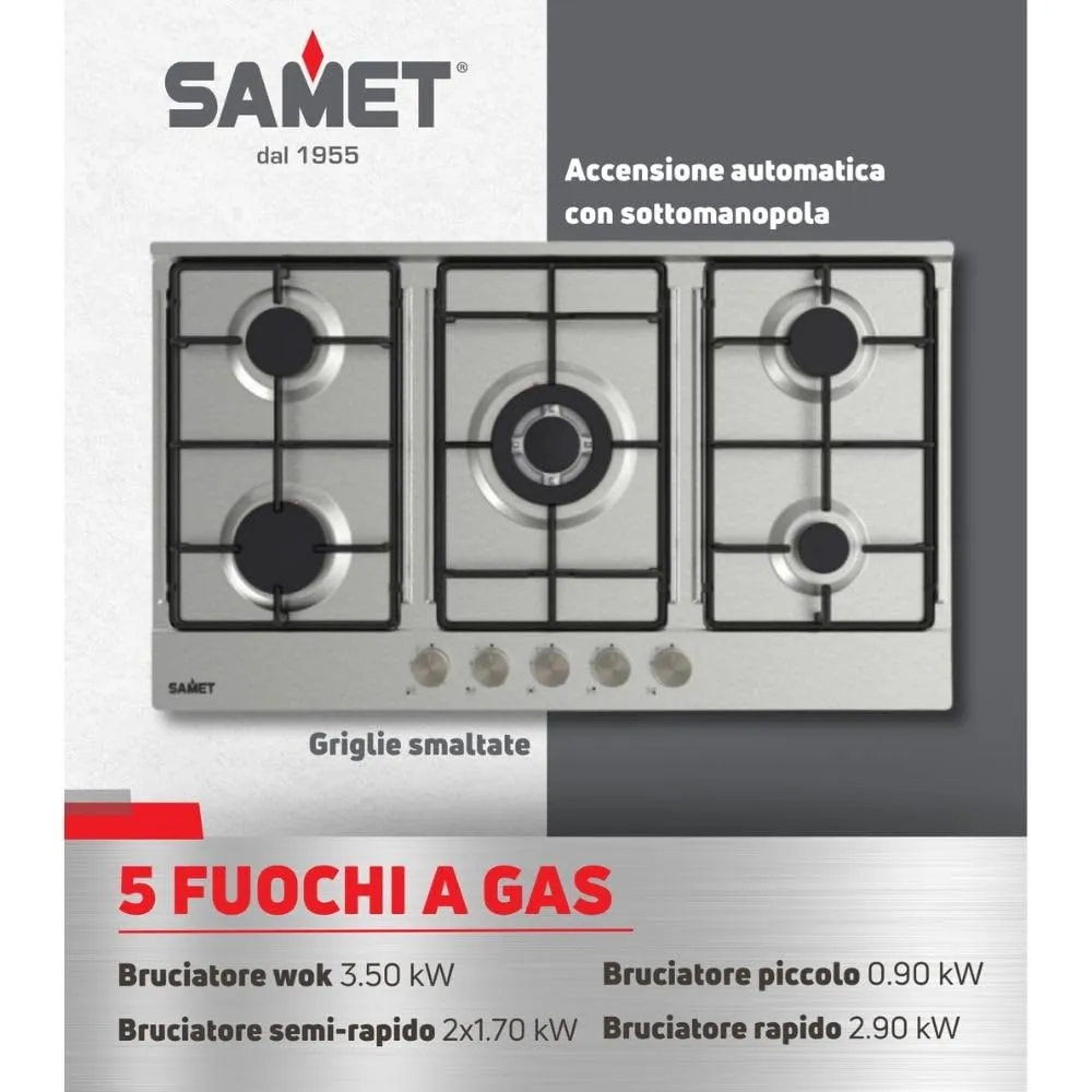 Samet Apollo2 piano cottura gas 5 fuochi 90 cm inox