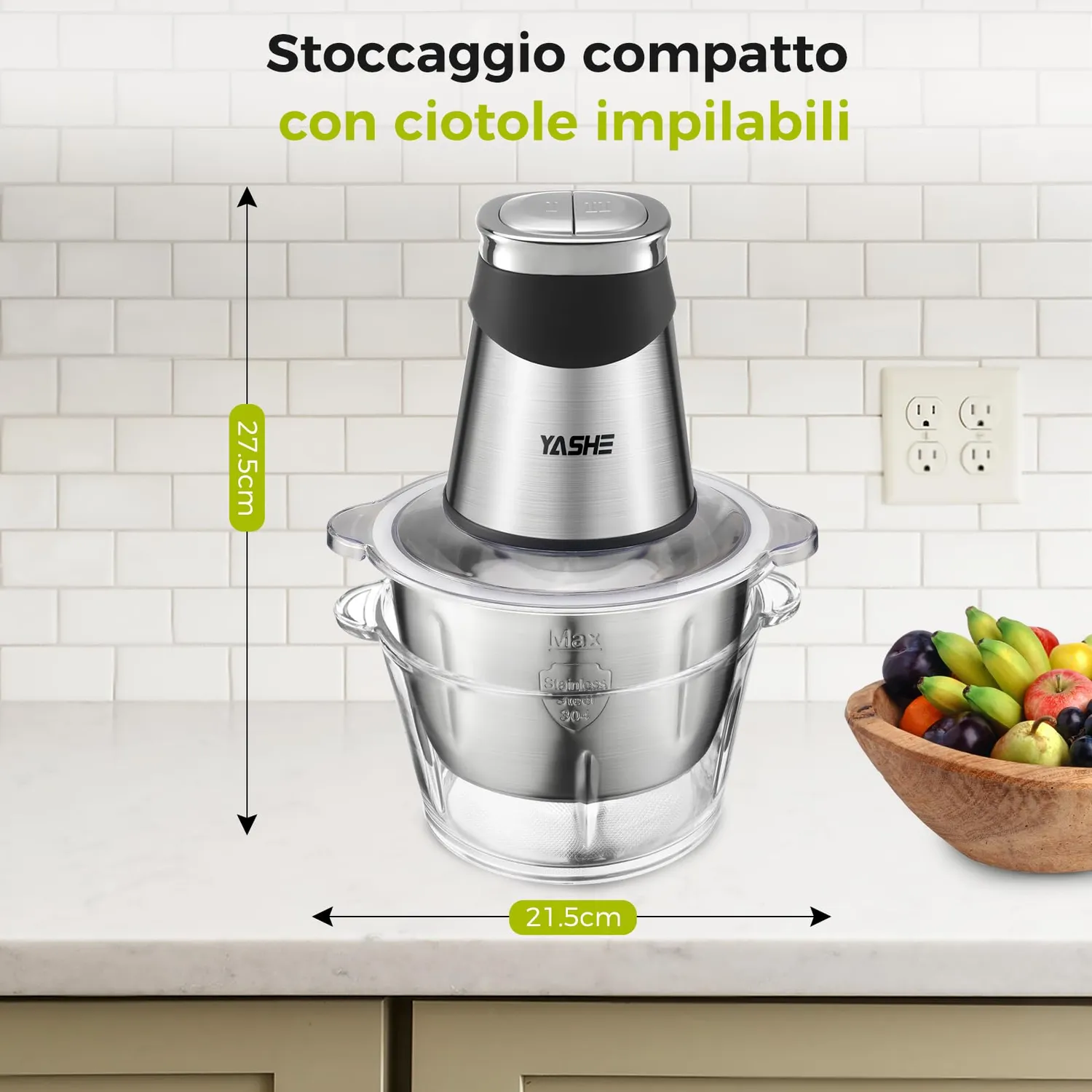 Yashe tritatutto elettrico 500W 2 ciotole 2L+2L vetro argento