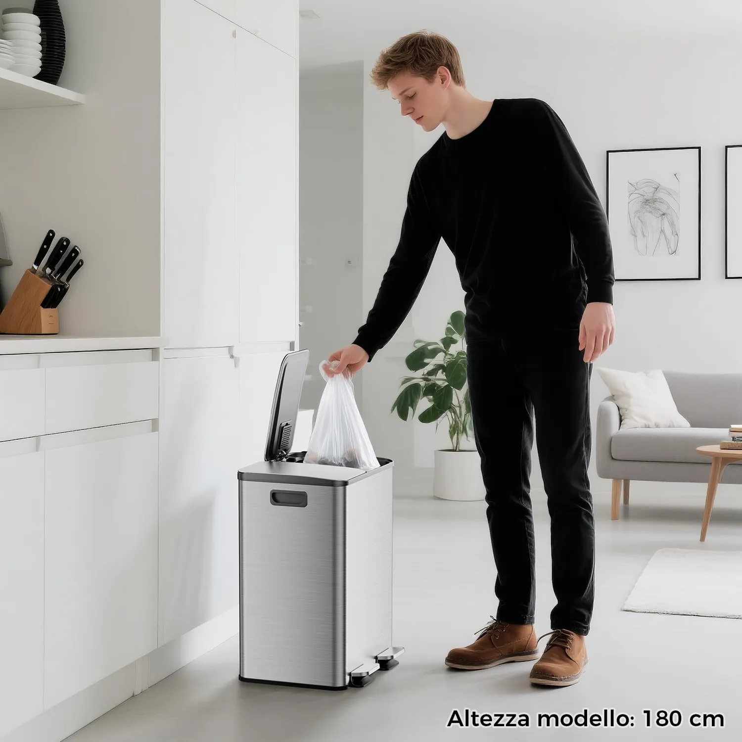 YASHE Pattumiera Doppia 2x20L Pedale Soft-Close Inox