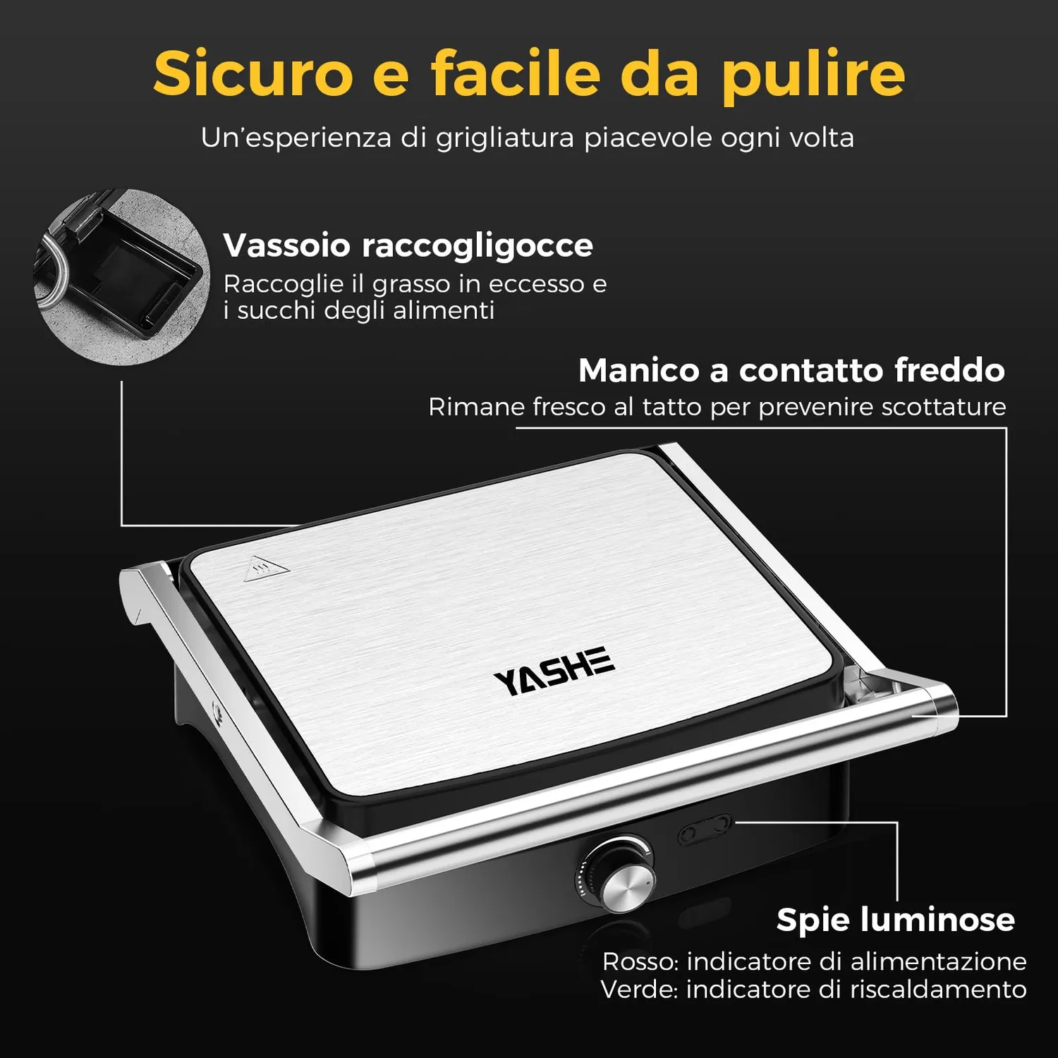 YASHE piastra panini 2000W 4 fette apribile 180°